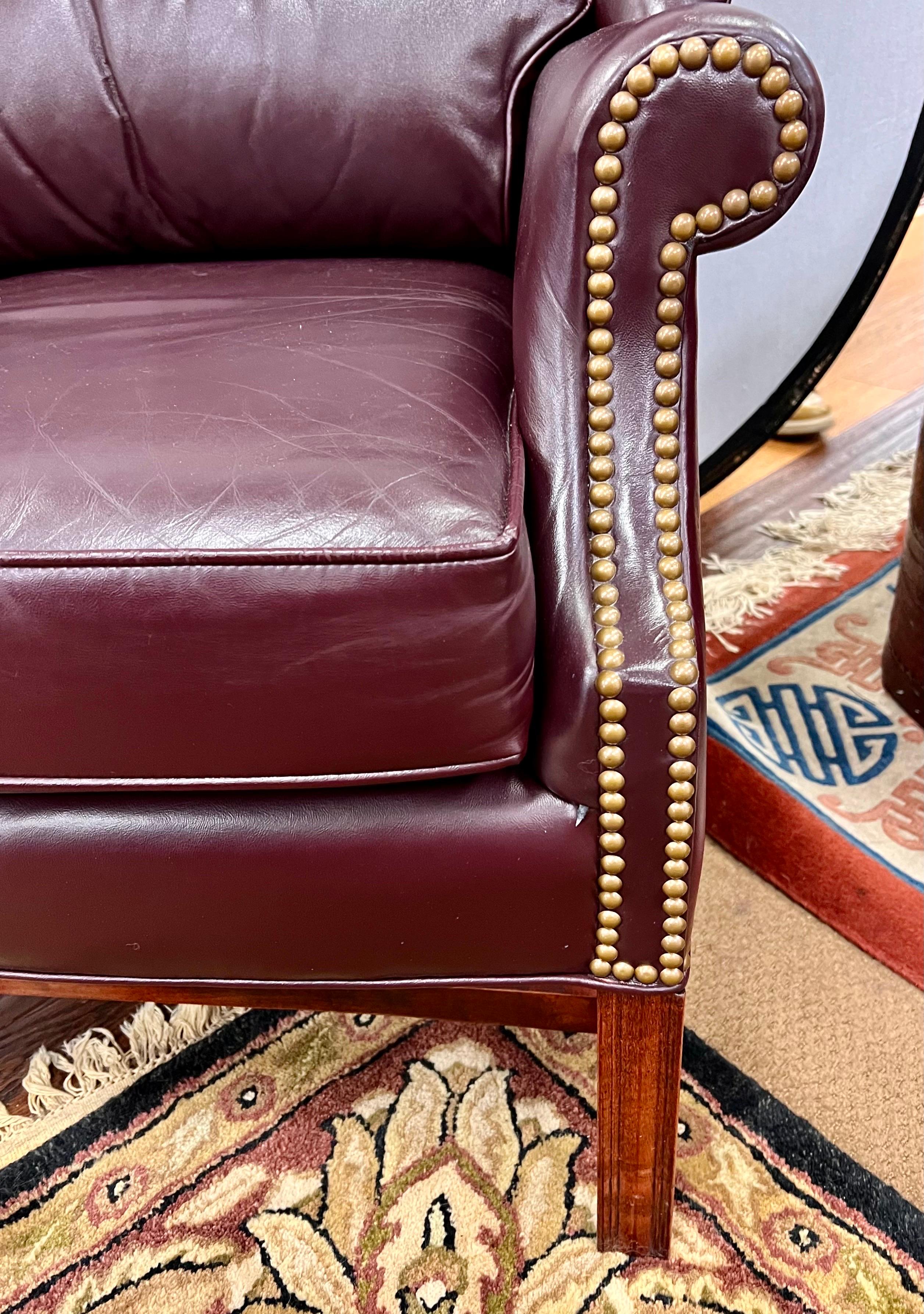 20th Century Burgundy Leather Wingback Chair with Nailheads