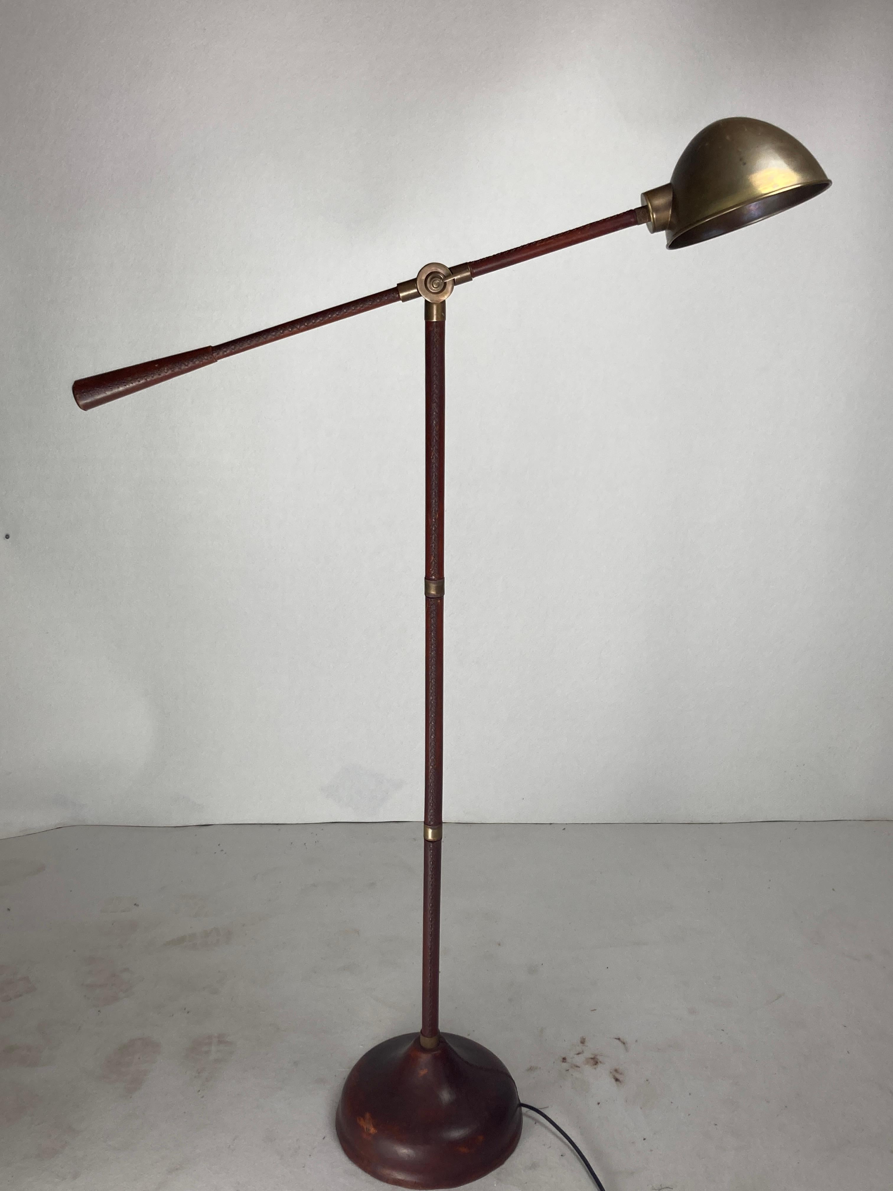Burgundy leather wrapped and stitched floor lamp, 1970s 11