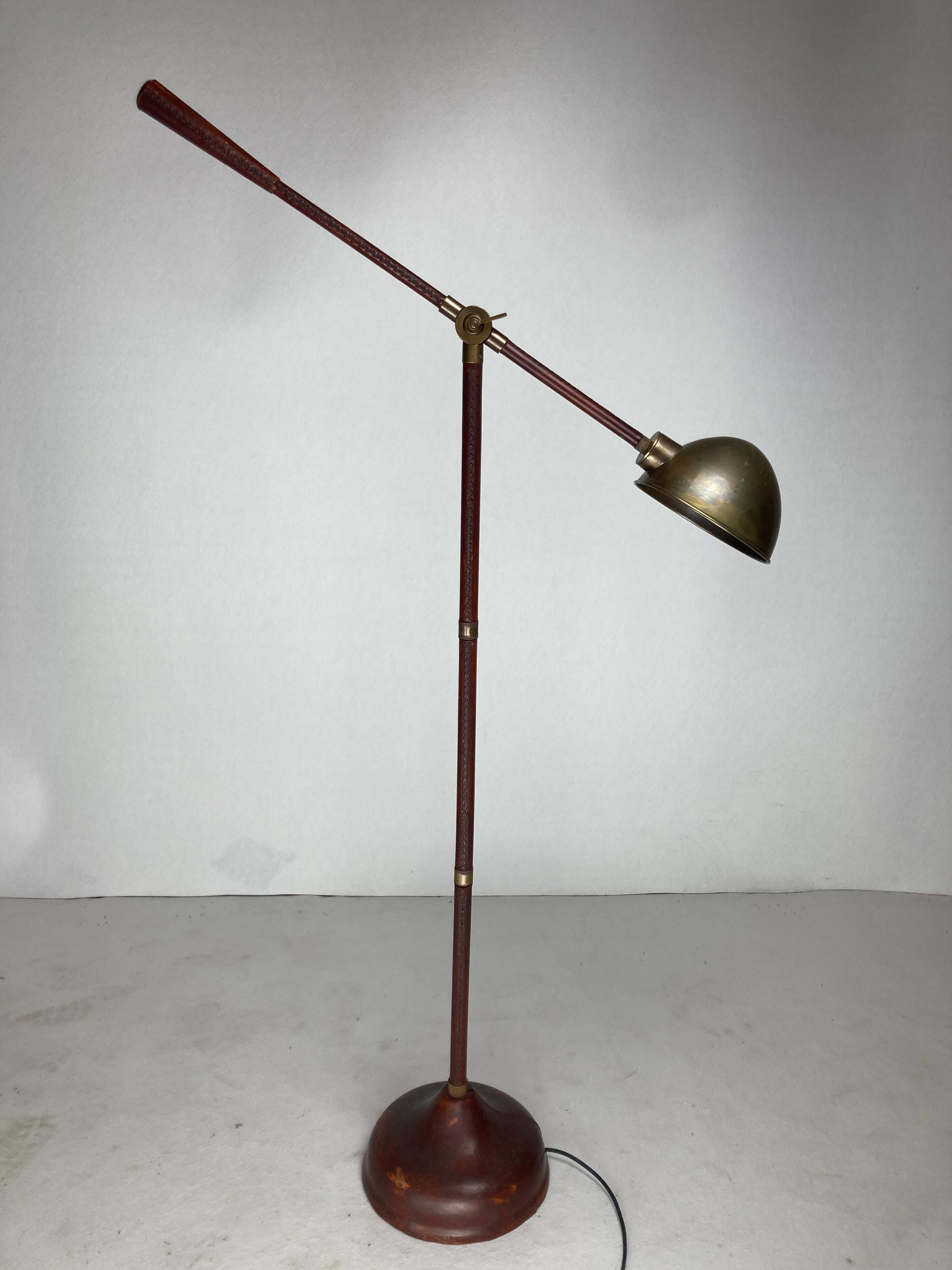 Burgundy leather wrapped and stitched floor lamp, 1970s 12