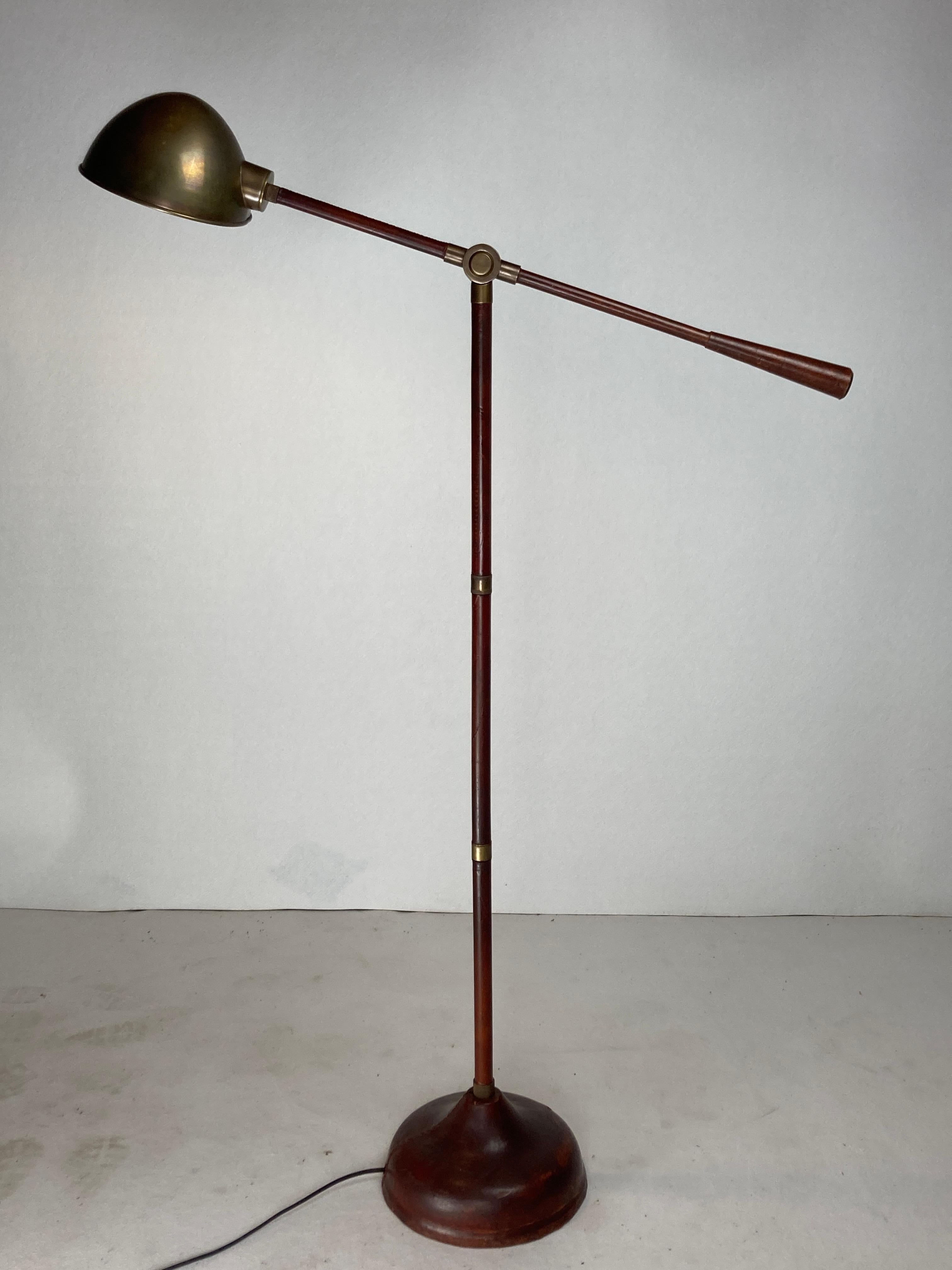 Brass Burgundy leather wrapped and stitched floor lamp, 1970s
