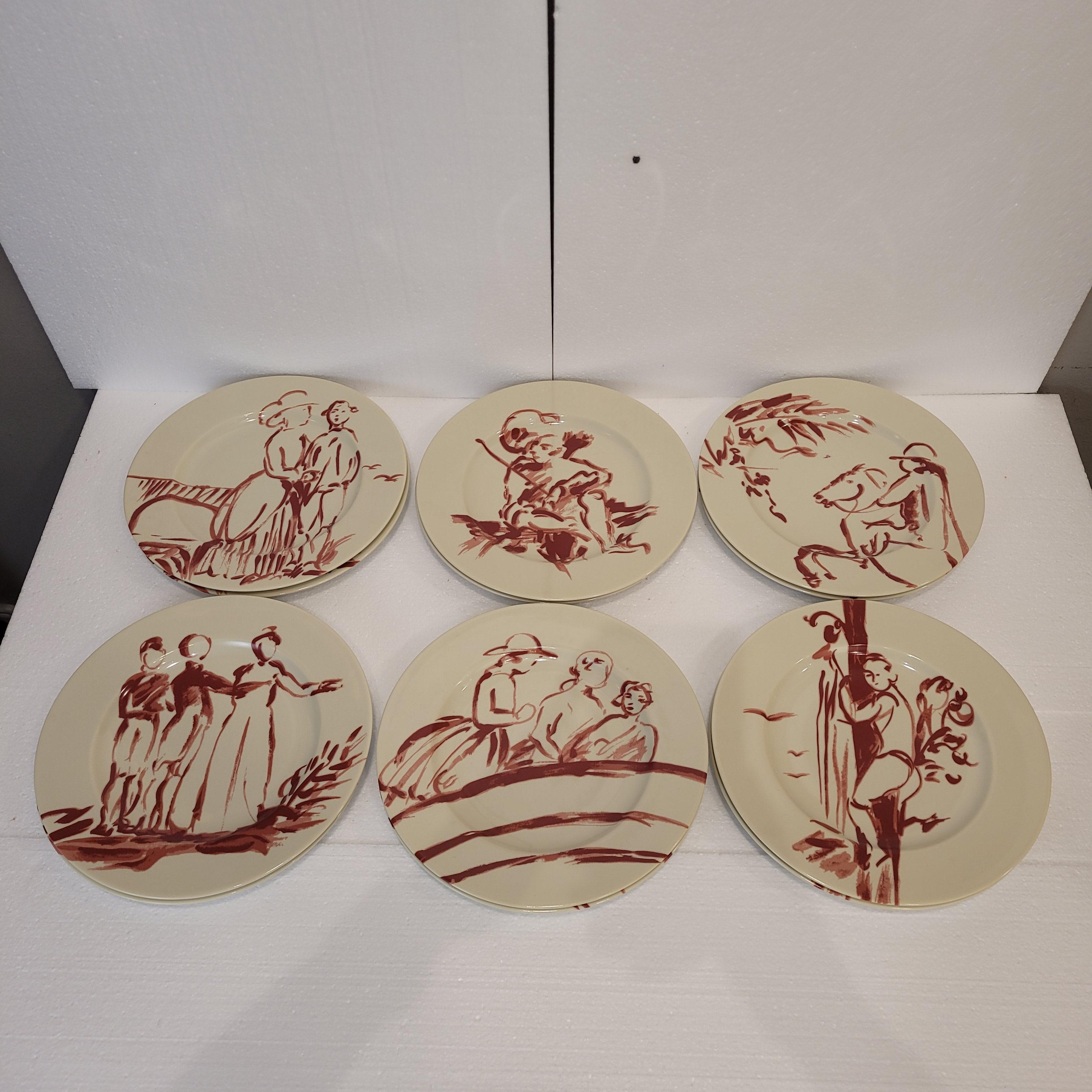 Burgunder Limoges Porzellan 12 Teller Patrick Frey 1990 Frankreich (Handgefertigt) im Angebot