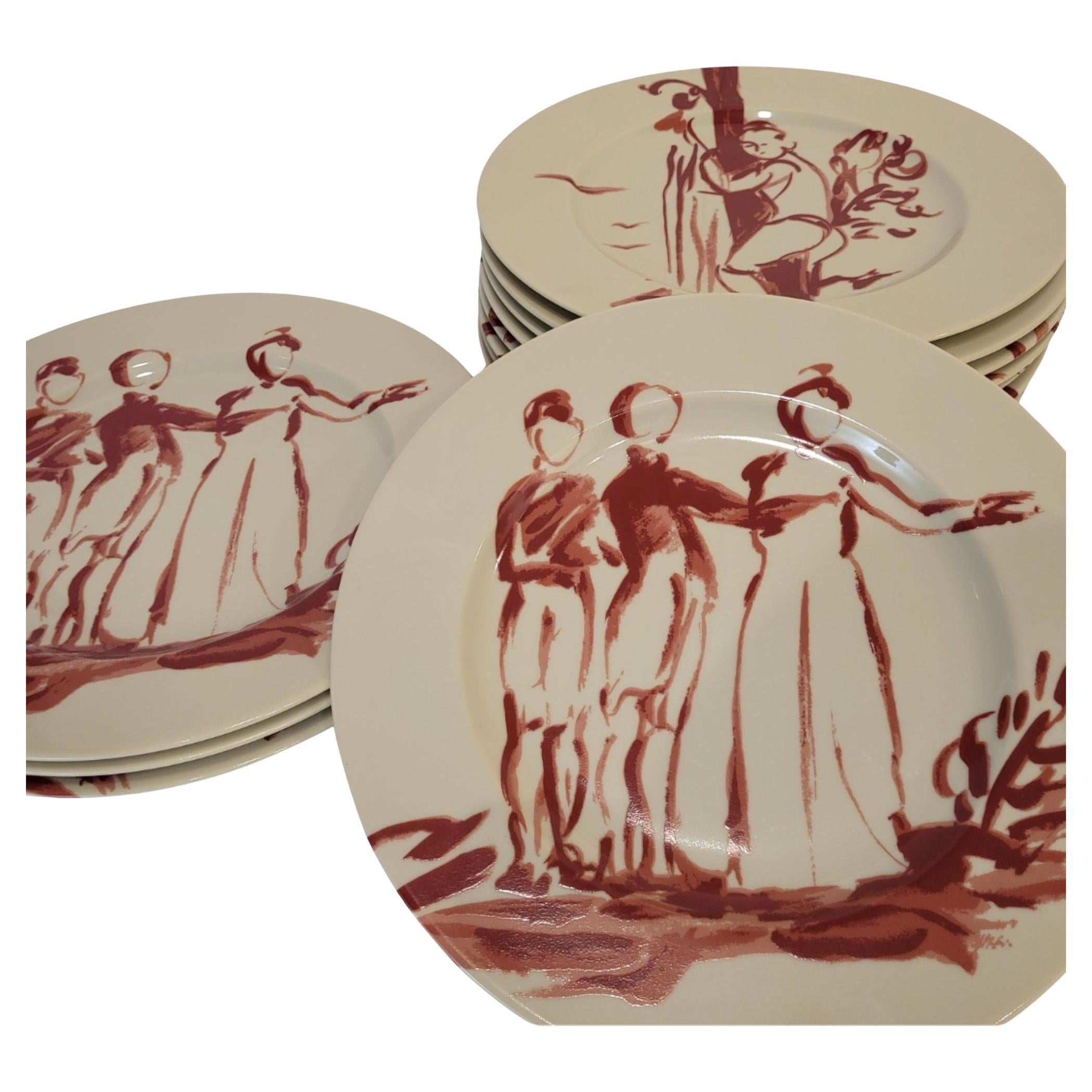 Burgunder Limoges Porzellan 12 Teller Patrick Frey 1990 Frankreich im Angebot