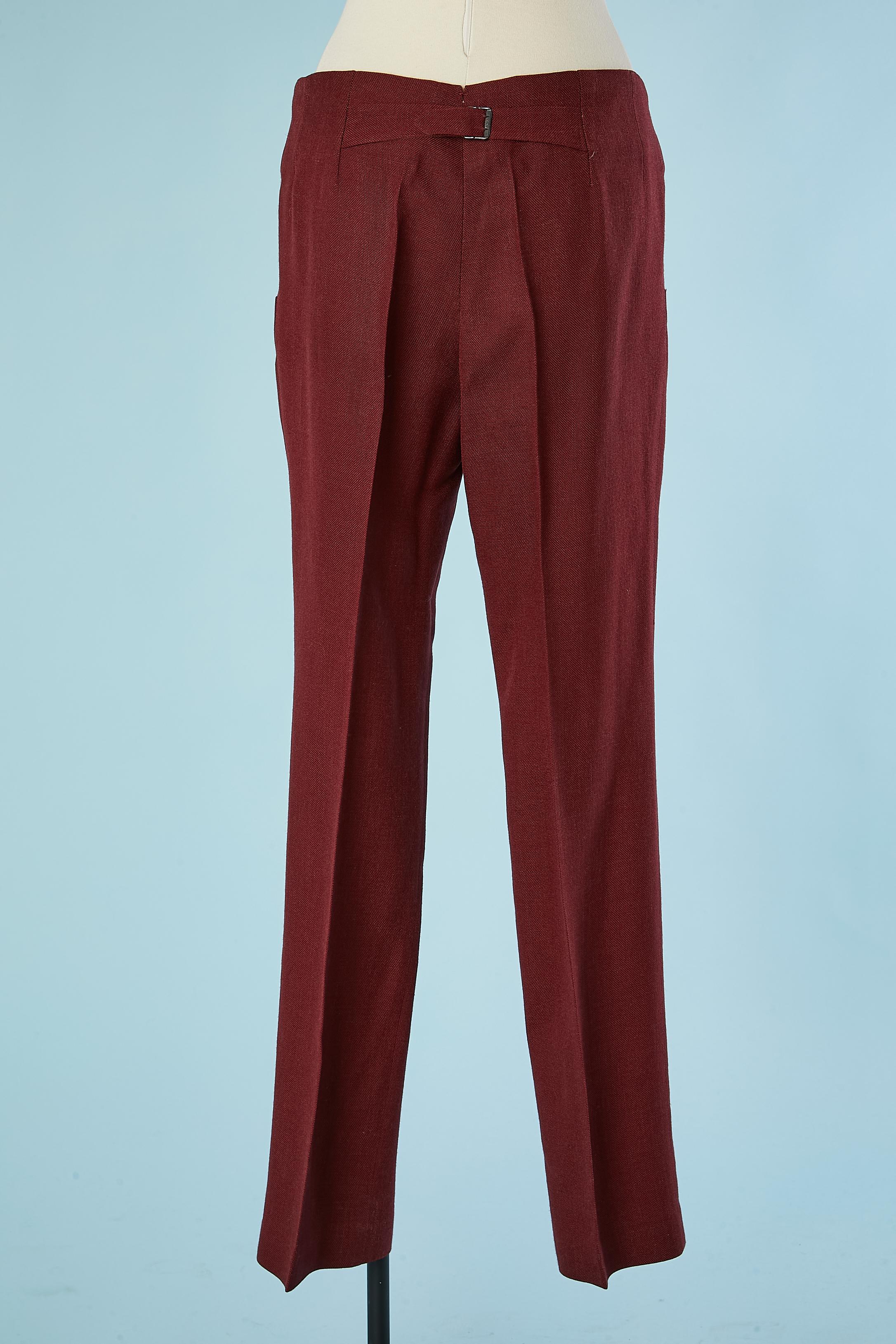 Burgundy linen and acrylic high-waisted trouser Pierre Cardin  In Excellent Condition For Sale In Saint-Ouen-Sur-Seine, FR