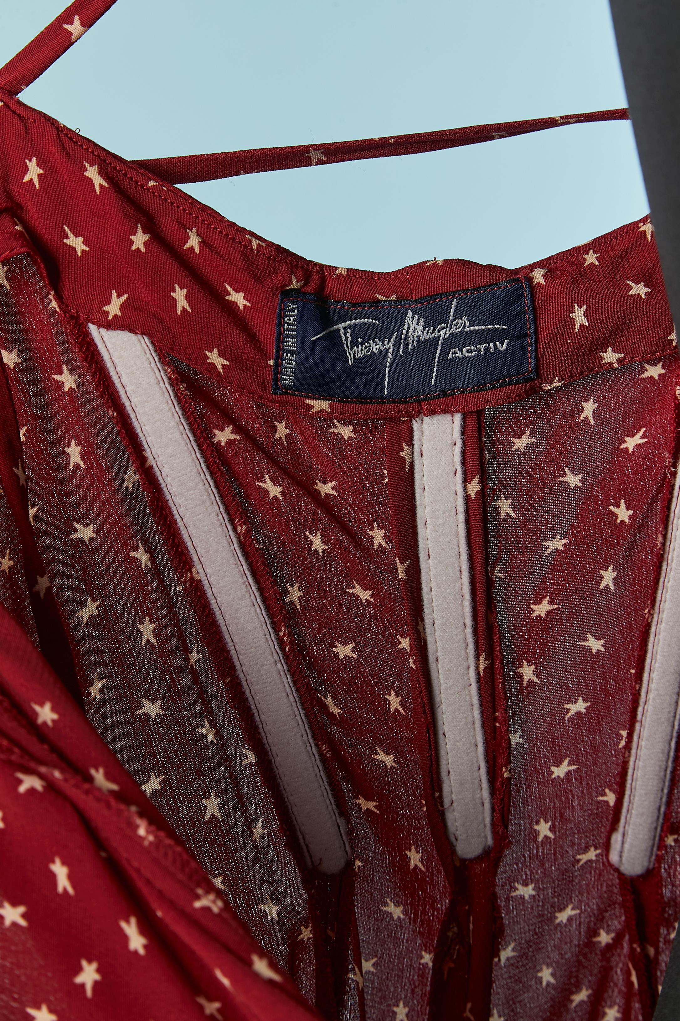 Burgundy long slip rayon dress with star print Thierry Mugler ACTIV For Sale 1