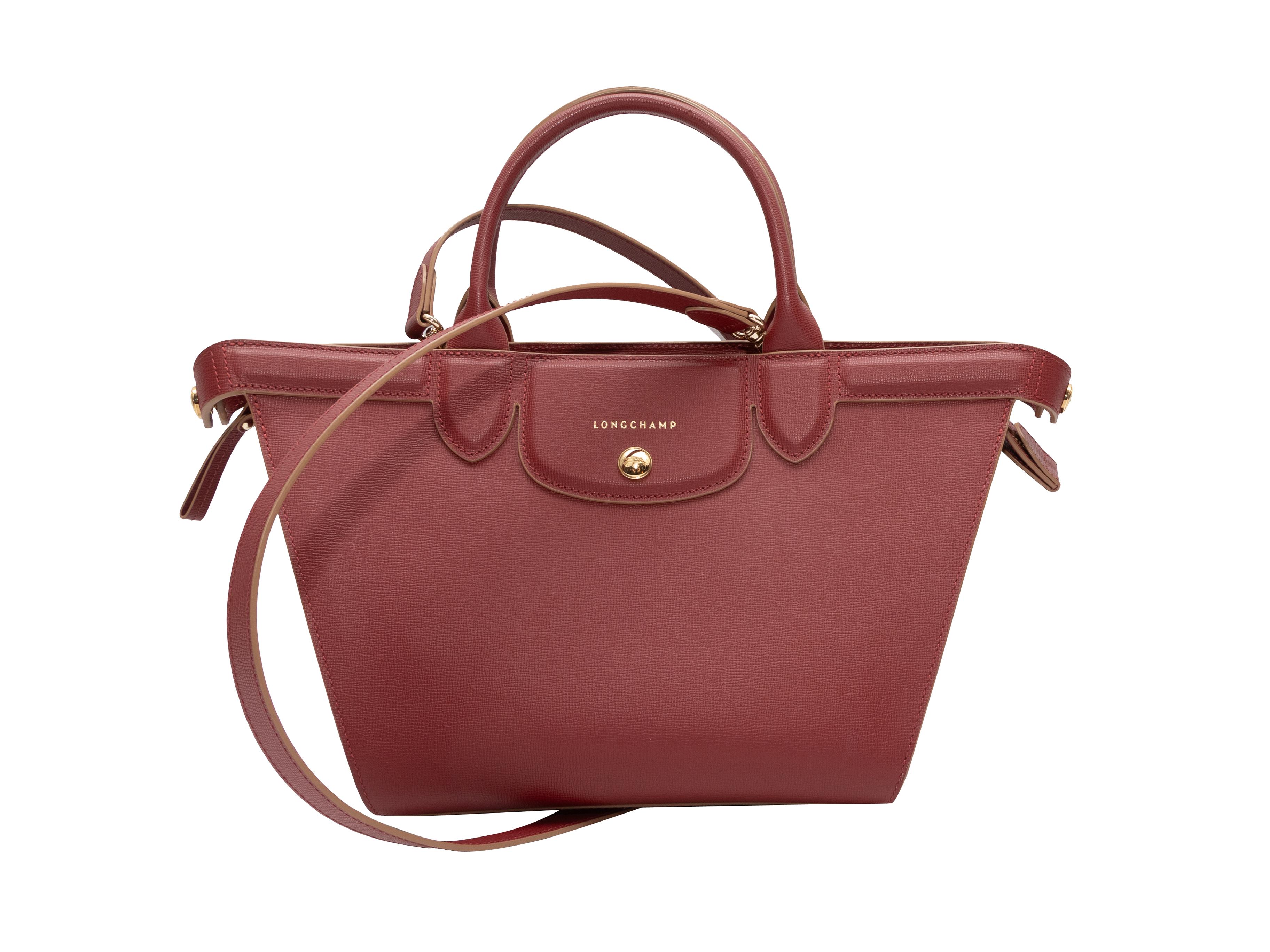 Burgundy Longchamp Le Pliage Leather Tote In Excellent Condition In New York, NY