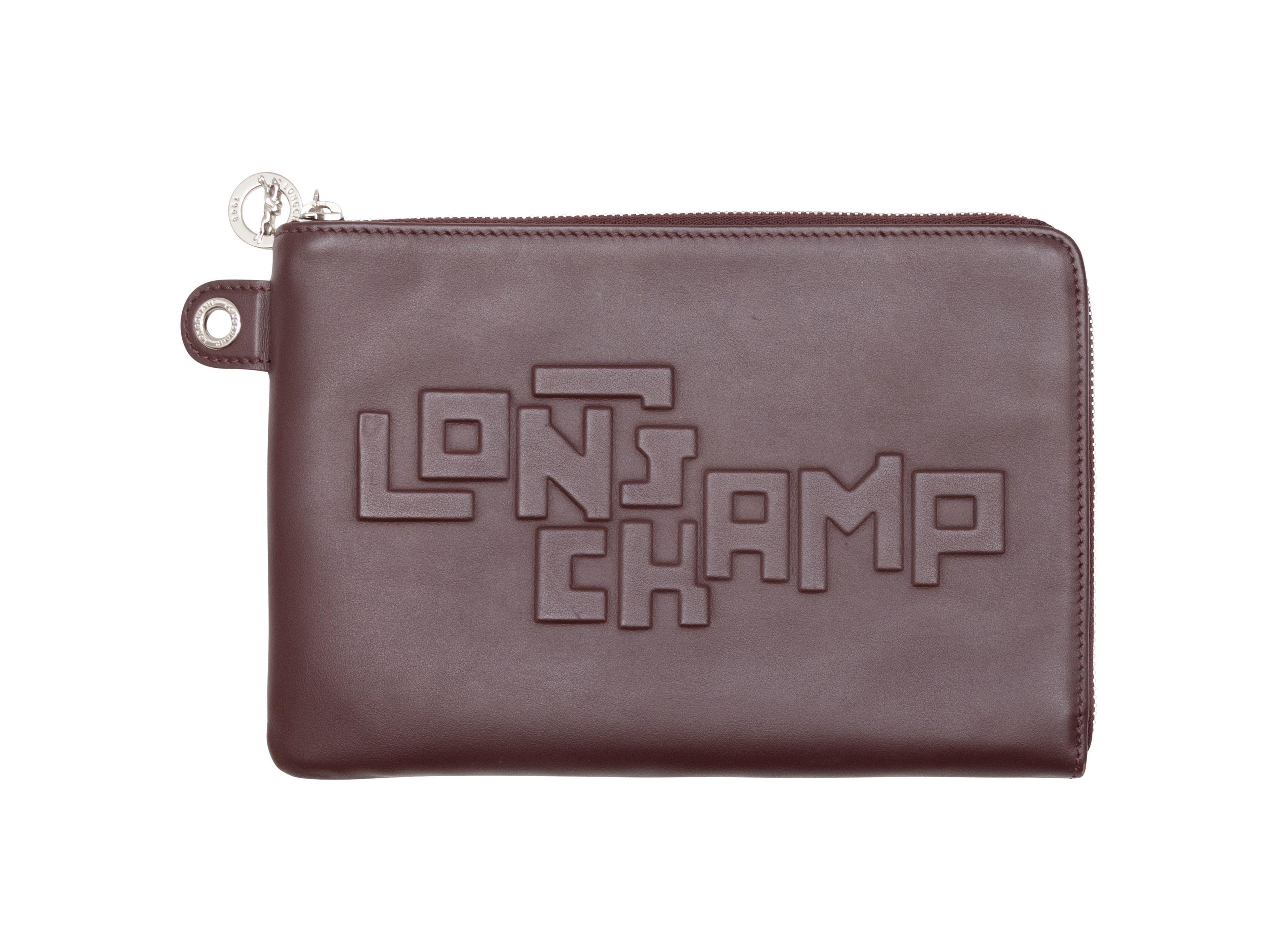 Burgundy Longchamp Leather Logo Clutch In Good Condition In New York, NY