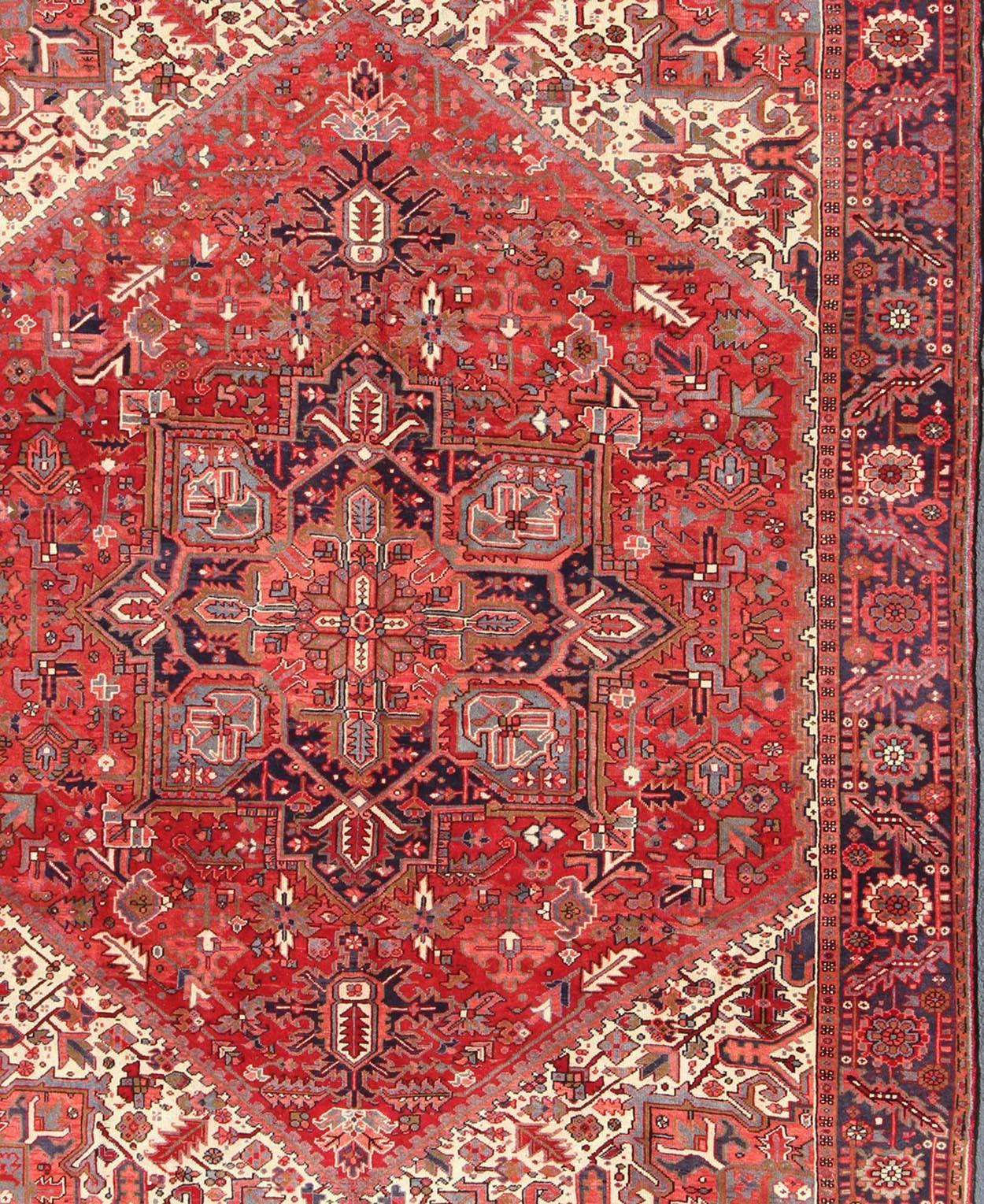Hand-Knotted Burgundy Midcentury Persian Heriz Rug with Stylized Medallion Design