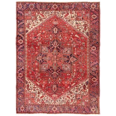 Burgundy Midcentury Persian Heriz Rug with Stylized Medallion Design