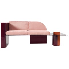 Burgundy Modern Sofa in Powder-Coated Steel with Planter Side Table