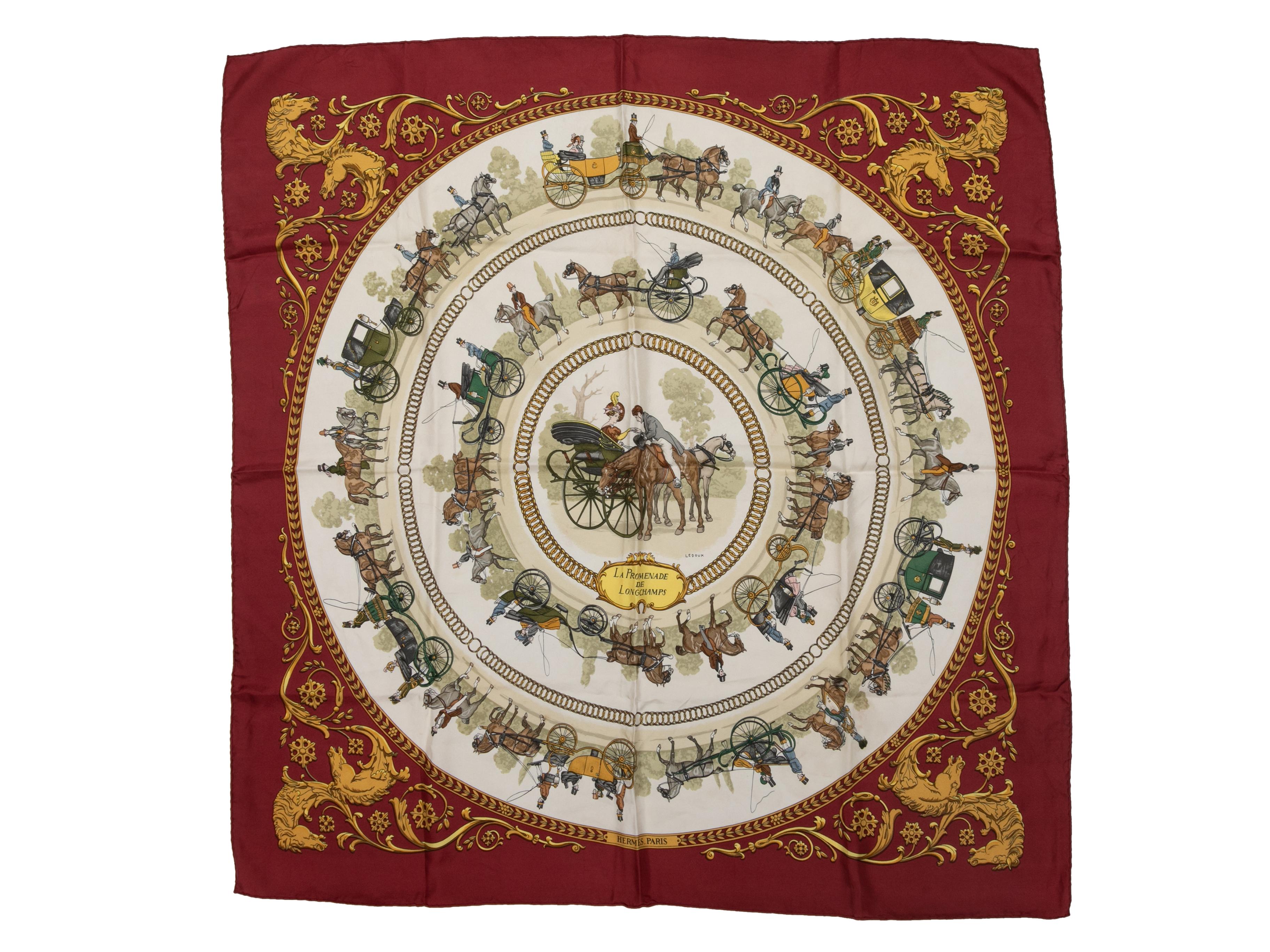 Brown Burgundy & Multicolor La Promenade De Longchamps Motif Printed Silk Scarf For Sale