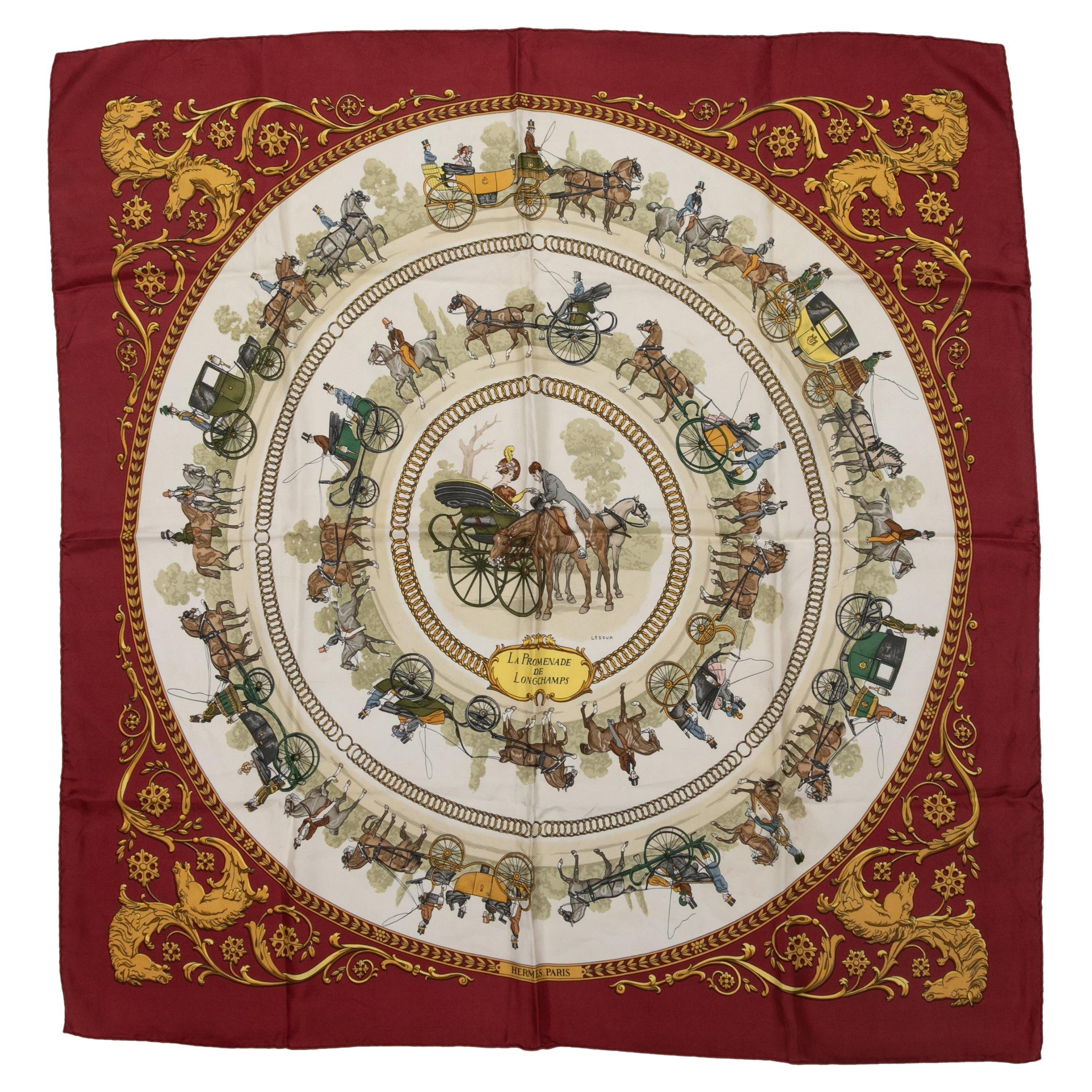 Burgundy & Multicolor La Promenade De Longchamps Motif Printed Silk Scarf For Sale