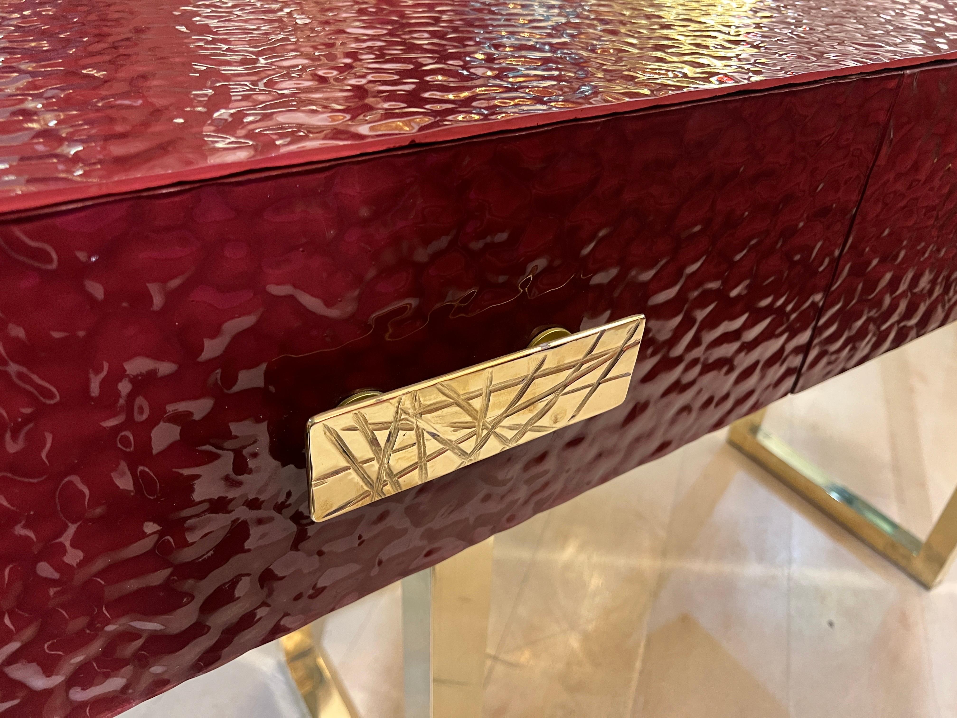 Burgundy Murano Ashlar Glass and Brass Console Table with Three Drawers 2000 For Sale 8