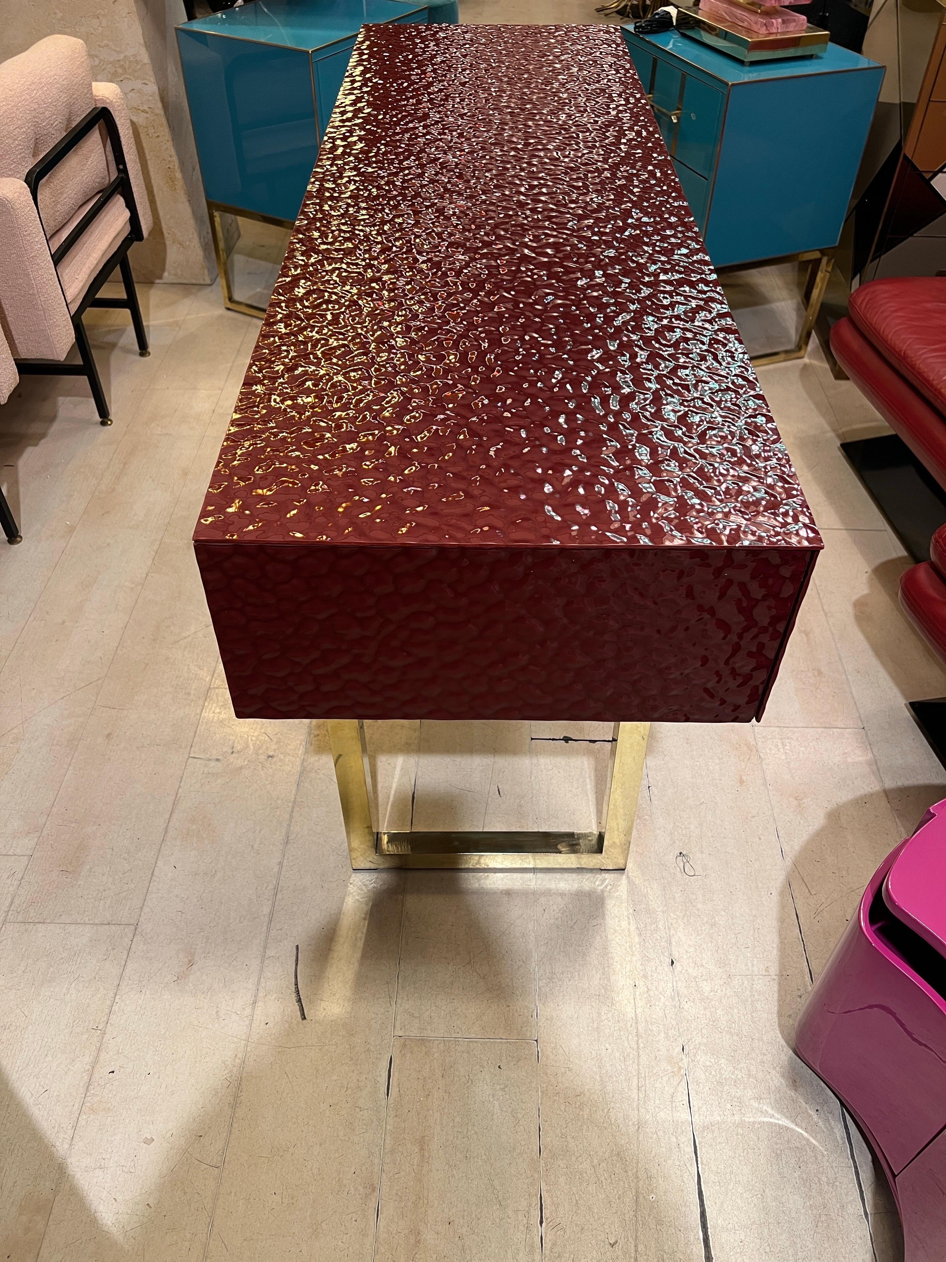 Burgundy Murano Ashlar Glass and Brass Console Table with Three Drawers 2000 For Sale 9