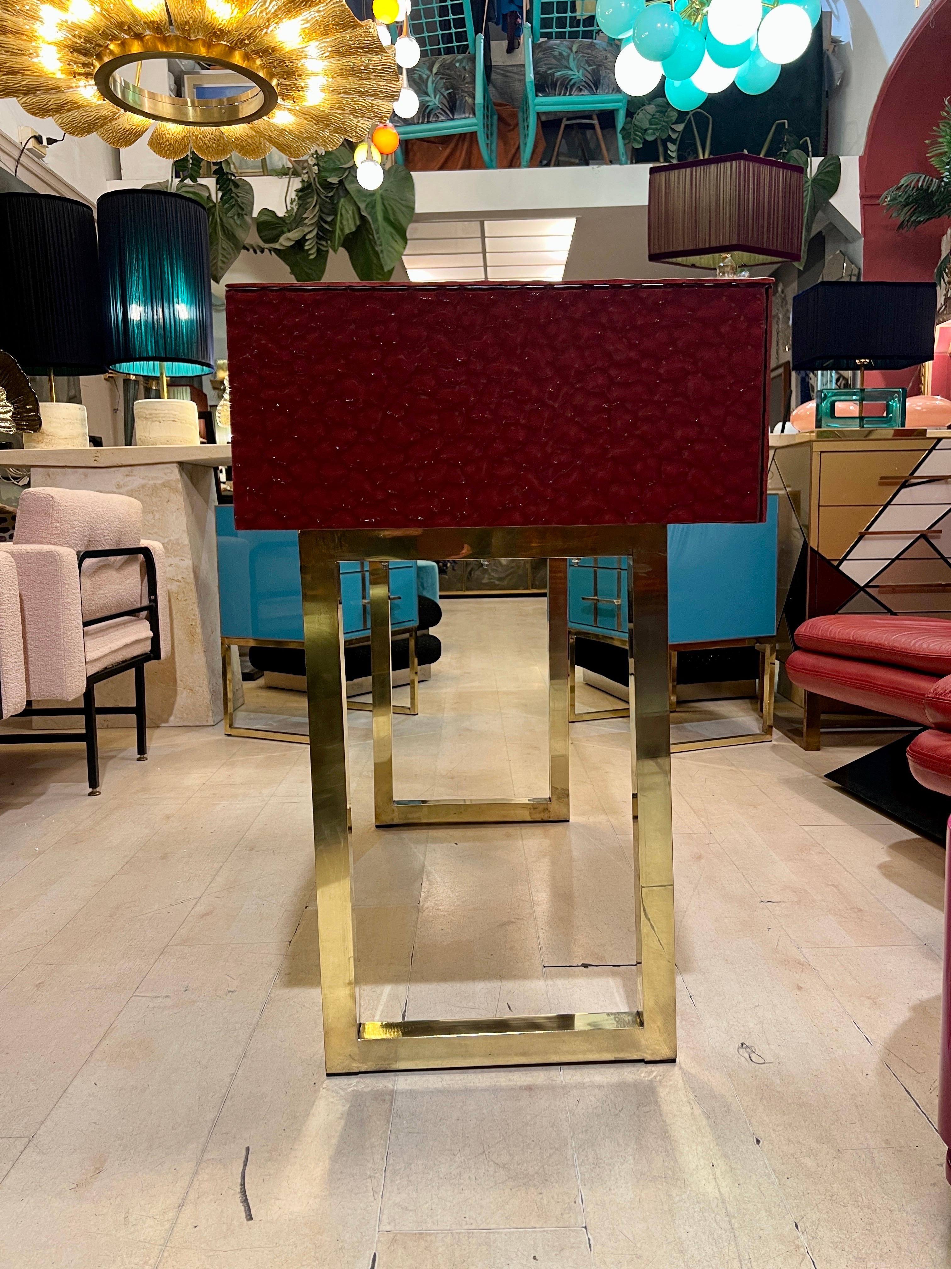 Burgundy Murano Ashlar Glass and Brass Console Table with Three Drawers 2000 For Sale 11