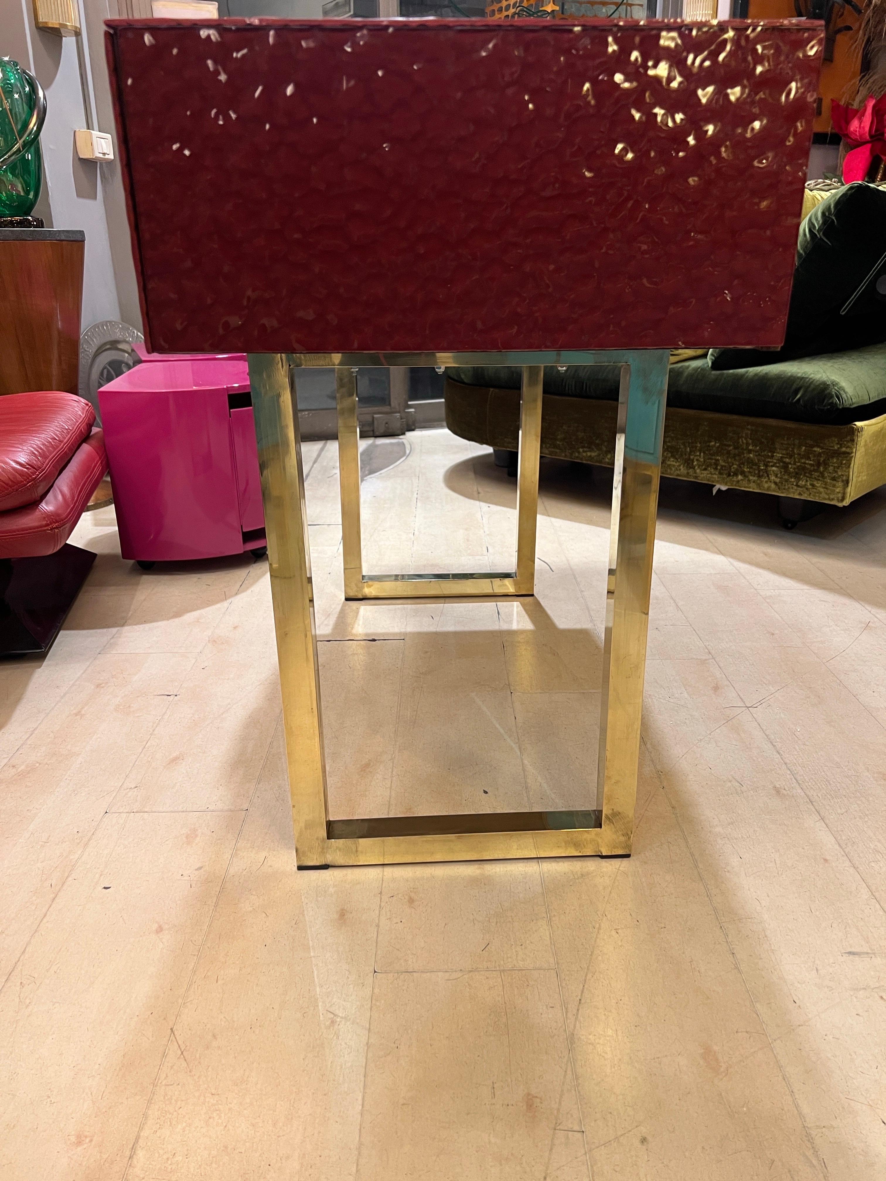 Burgundy Murano Ashlar Glass and Brass Console Table with Three Drawers 2000 For Sale 12