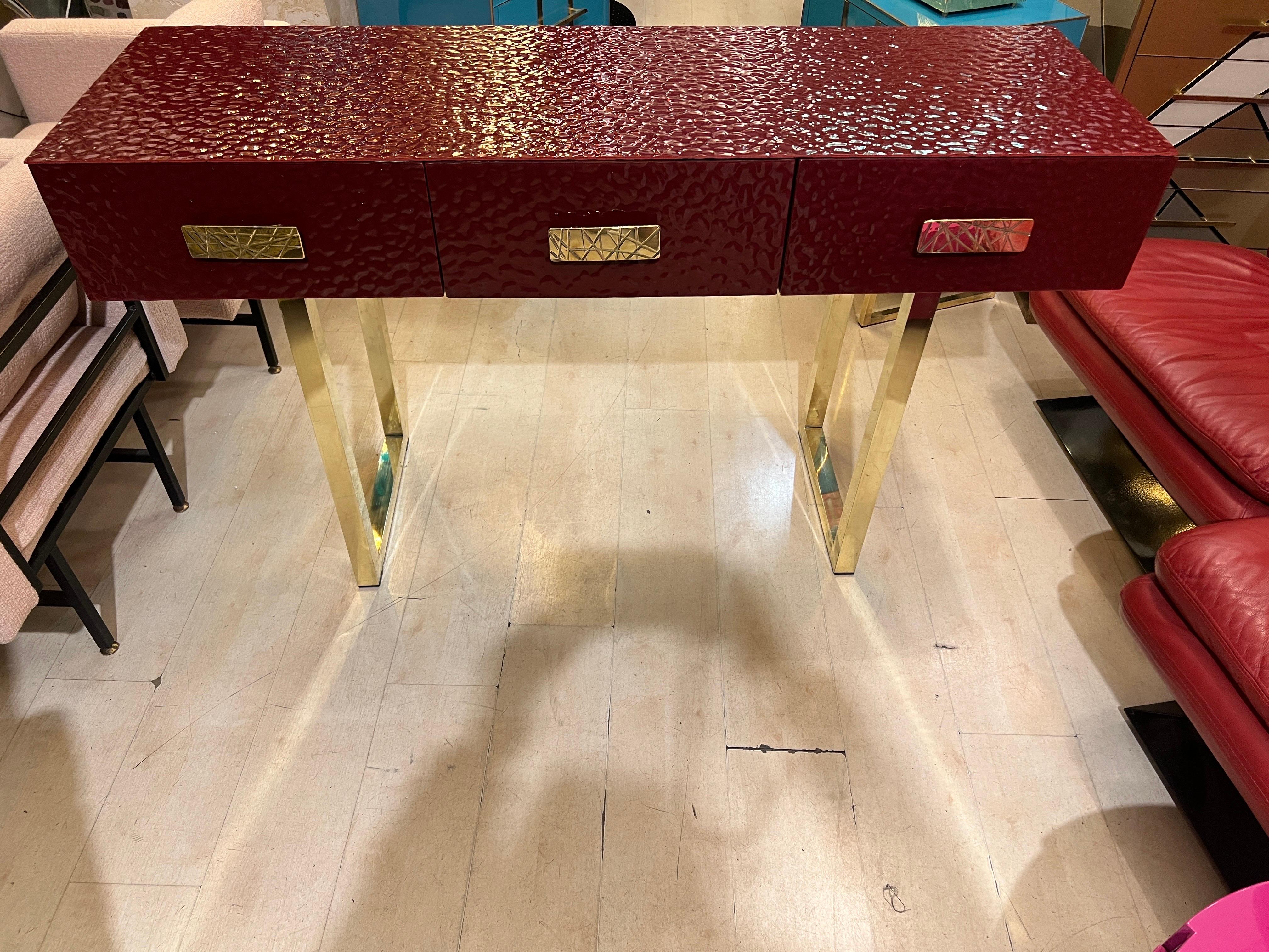 Burgundy Murano Ashlar Glass and Brass Console Table with Three Drawers 2000 For Sale 15