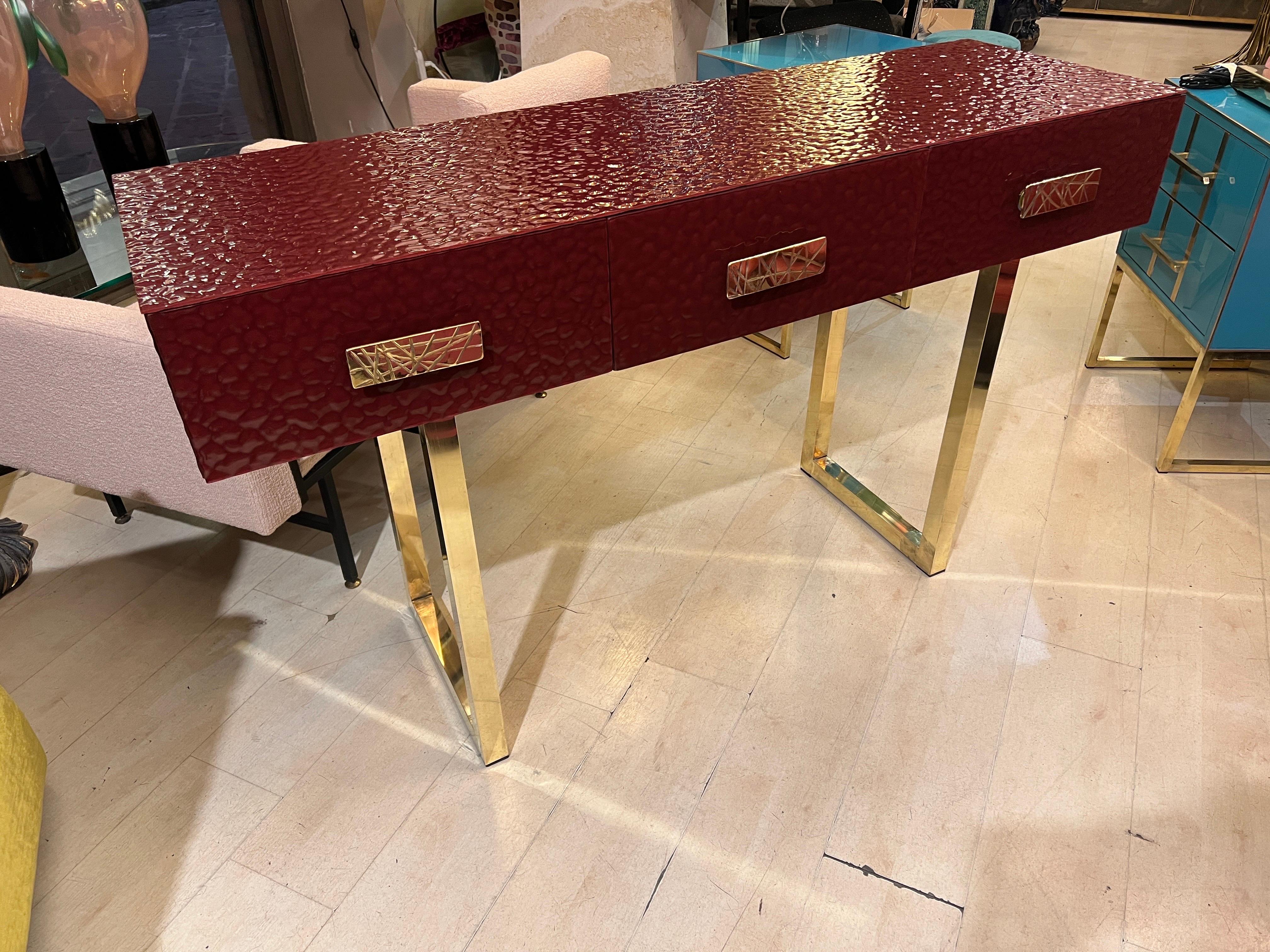 Contemporary Burgundy Murano Ashlar Glass and Brass Console Table with Three Drawers 2000 For Sale