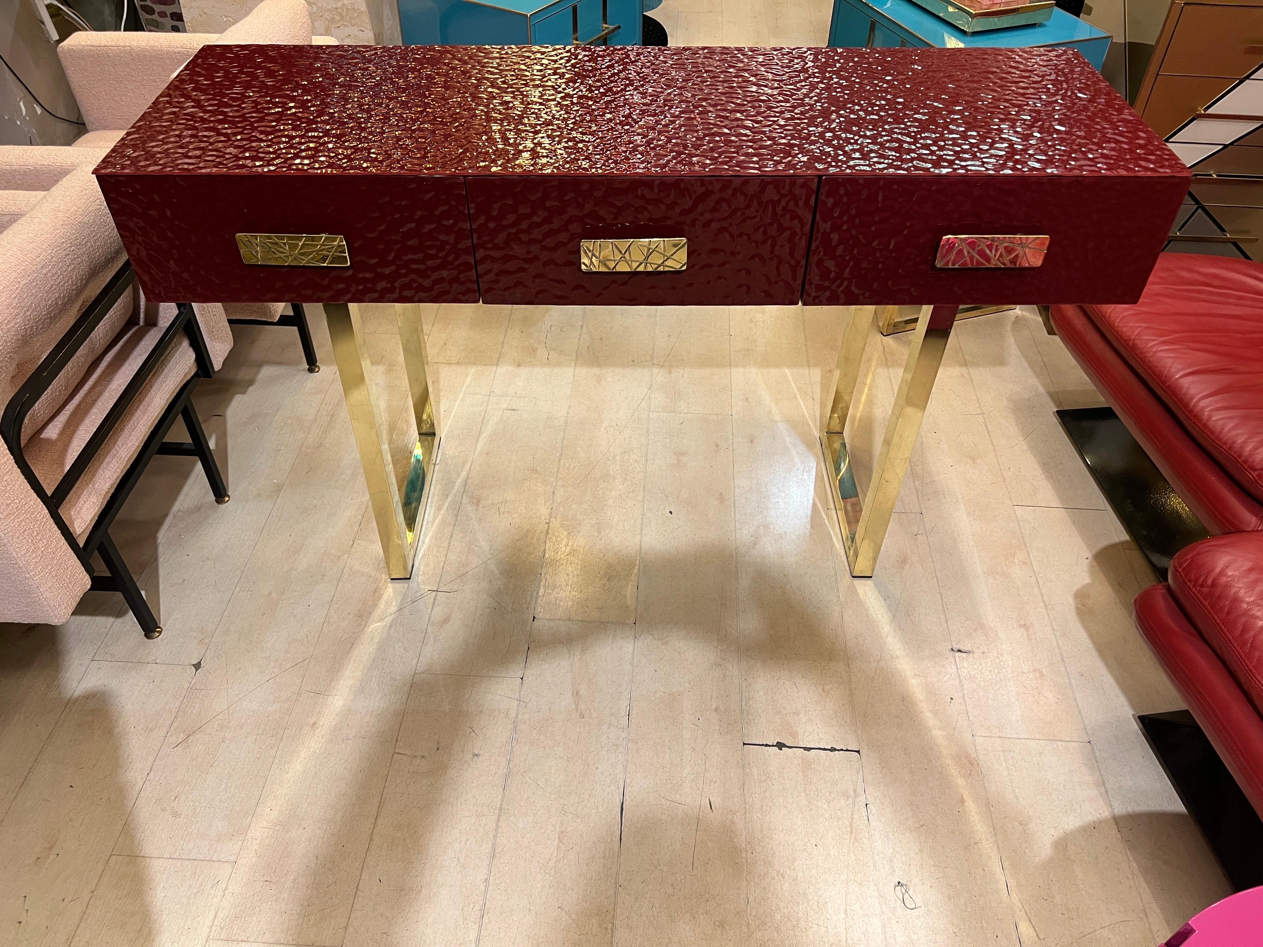 Burgundy Murano Ashlar Glass and Brass Console Table with Three Drawers 2000 For Sale 1
