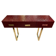 Burgundy Murano Ashlar Glass and Brass Console Table with Three Drawers 2000
