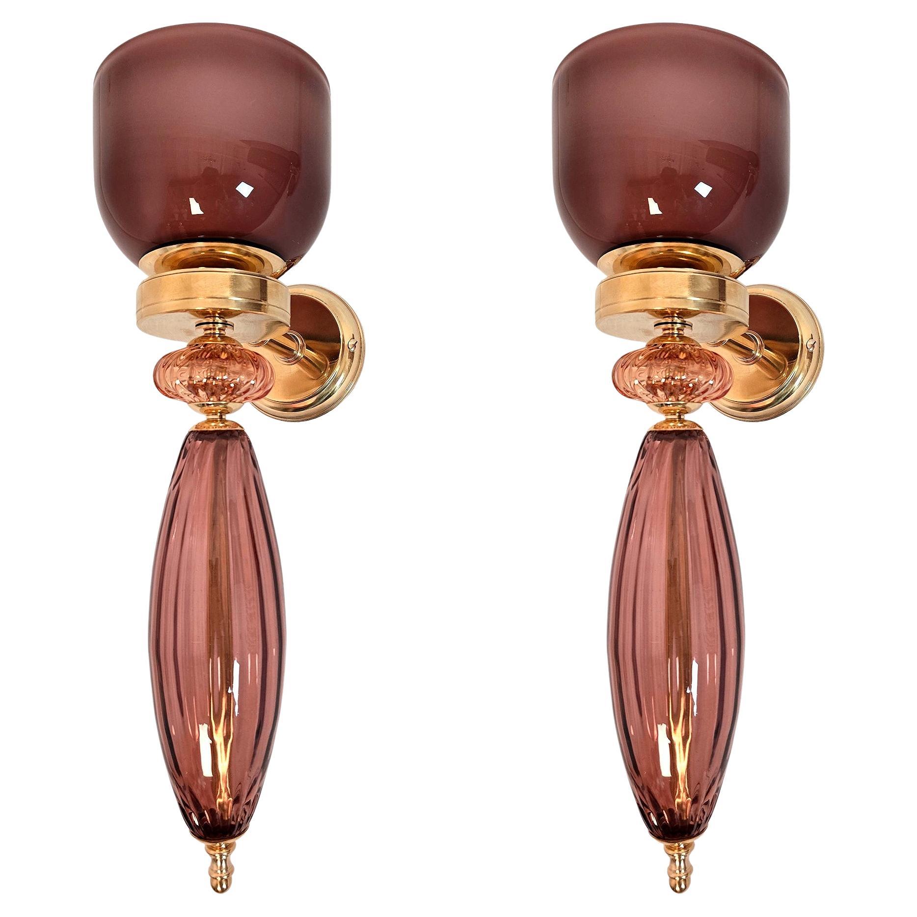 Burgundy Murano glass pair of sconces