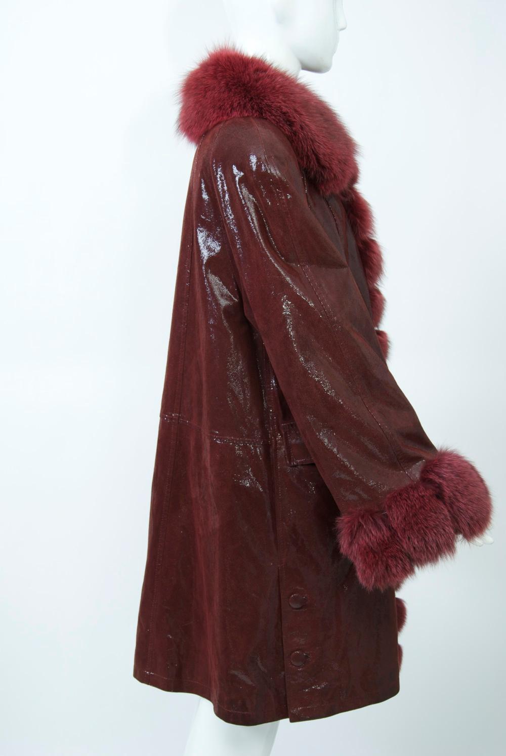 Burgundy Patent Coat with Fox Trim In Good Condition In Alford, MA