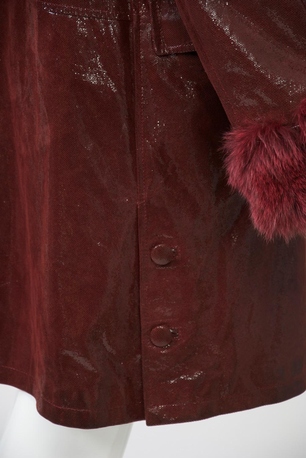 Women's Burgundy Patent Coat with Fox Trim