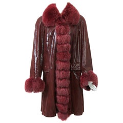 Burgundy Patent Coat with Fox Trim