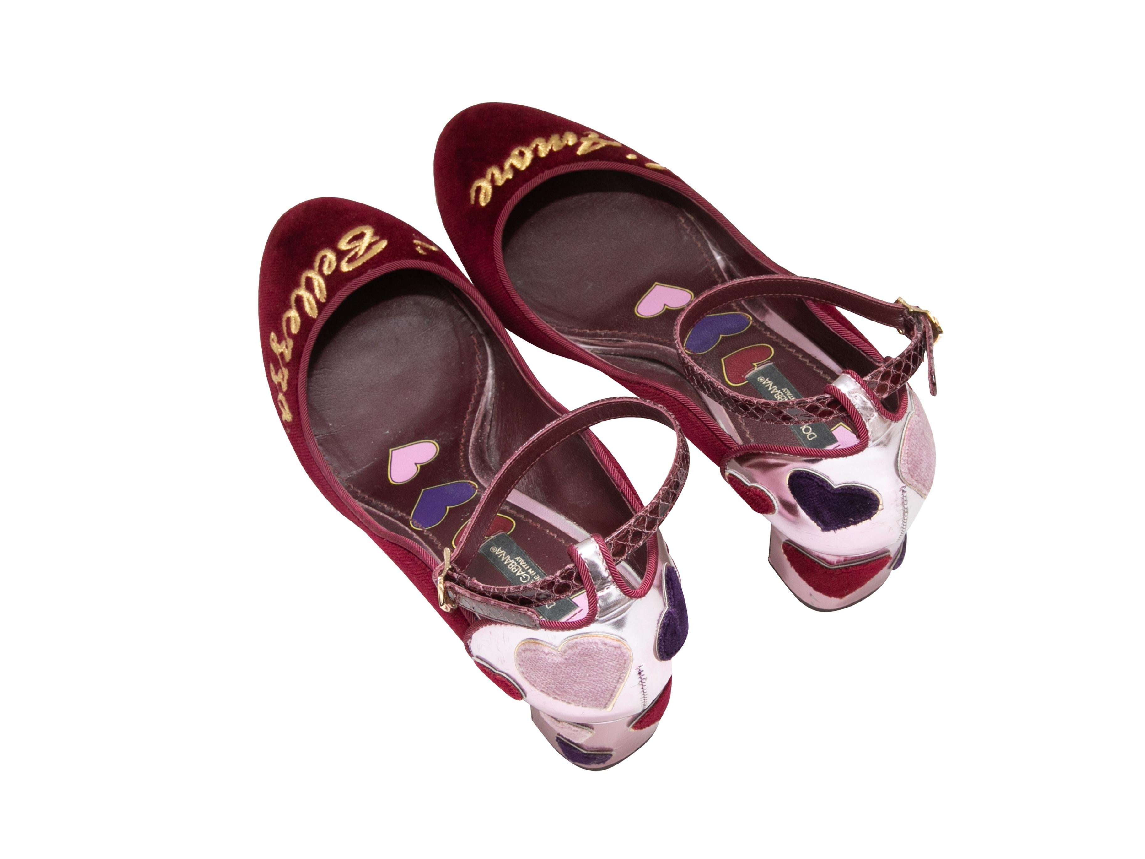 Red Burgundy & Pink Dolce & Gabbana Velvet & Leather Heart Pumps Size 38.5 For Sale