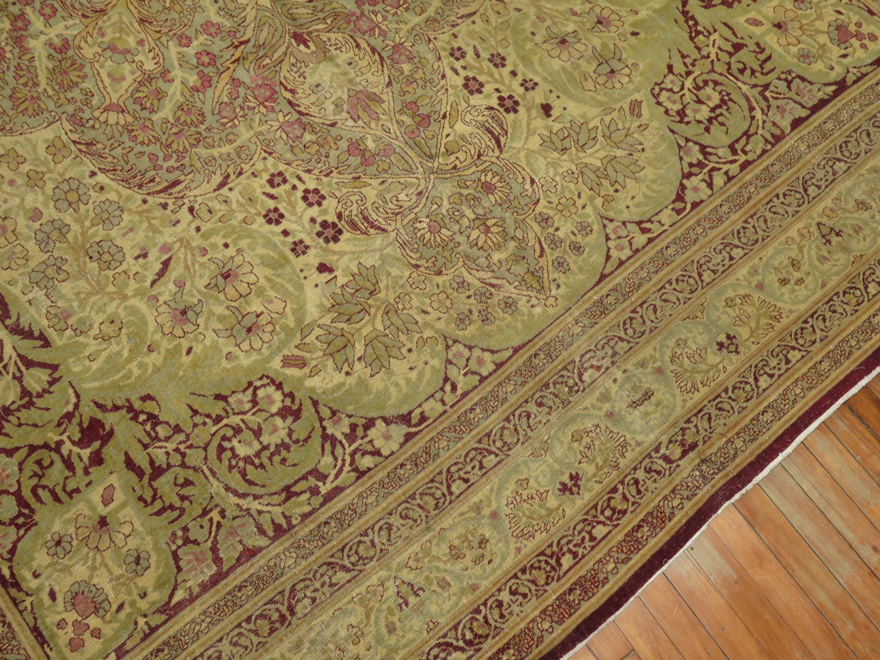 Hand-Knotted Burgundy Pistachio Green Antique Indian Amritsar Room Size Rug