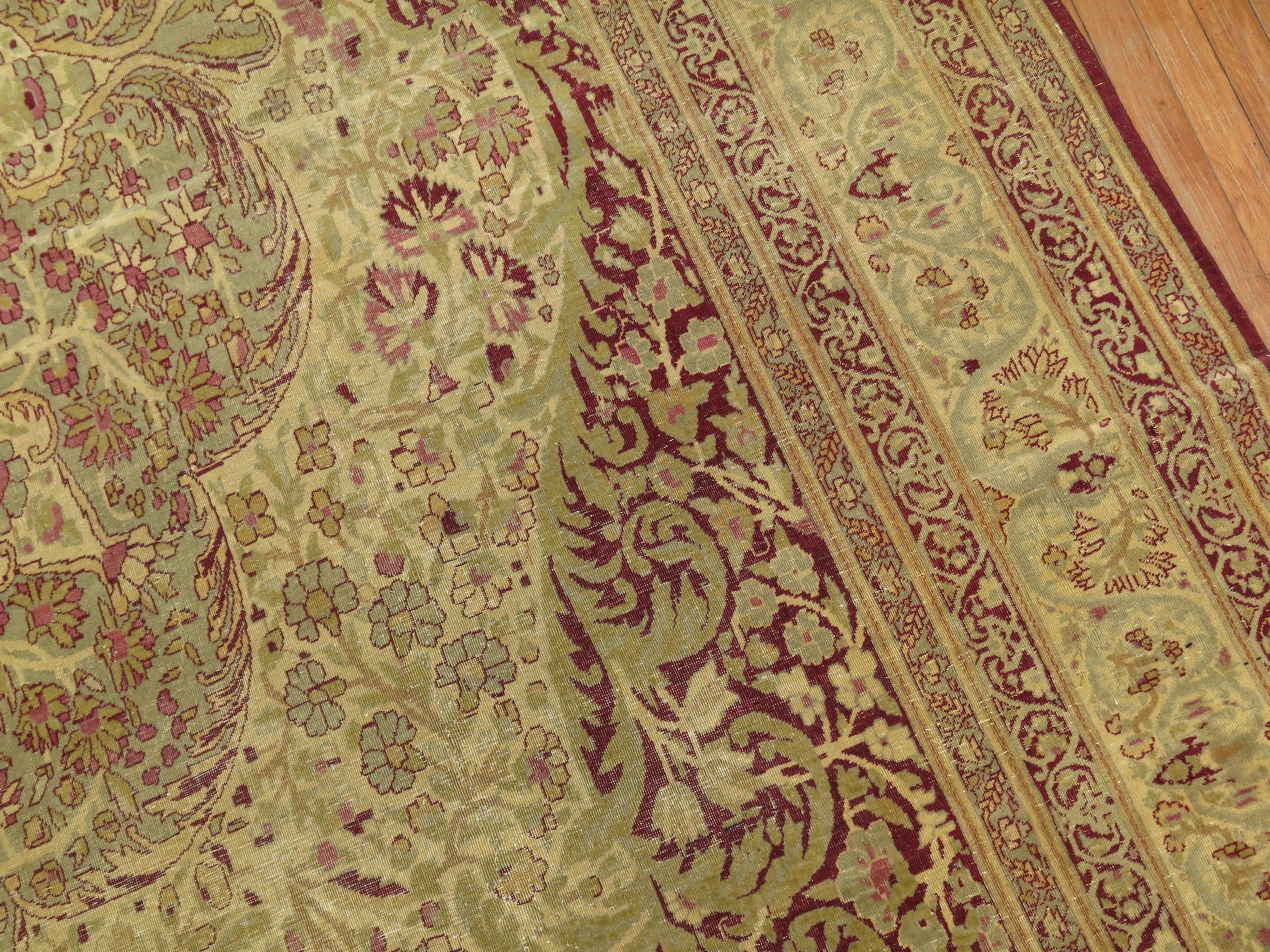 Burgundy Pistachio Green Antique Indian Amritsar Room Size Rug In Good Condition In New York, NY