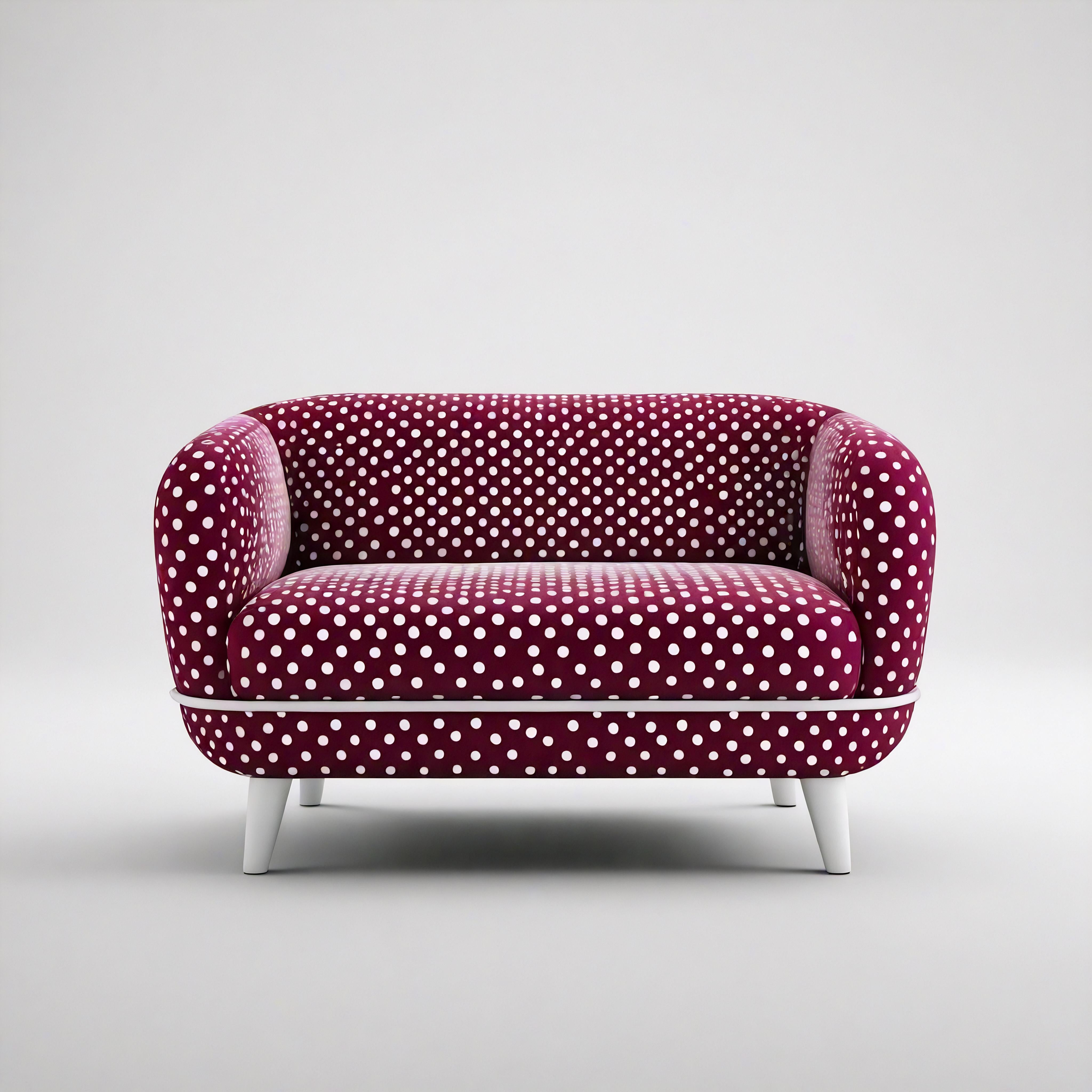 Presentamos nuestra tumbona inspirada en Yayoi Kusama, una fusión única de diseño contemporáneo y artesanía tradicional. Esta llamativa silla burdeos está adornada con juguetones lunares blancos, capturando la esencia del icónico estilo de Kusama.