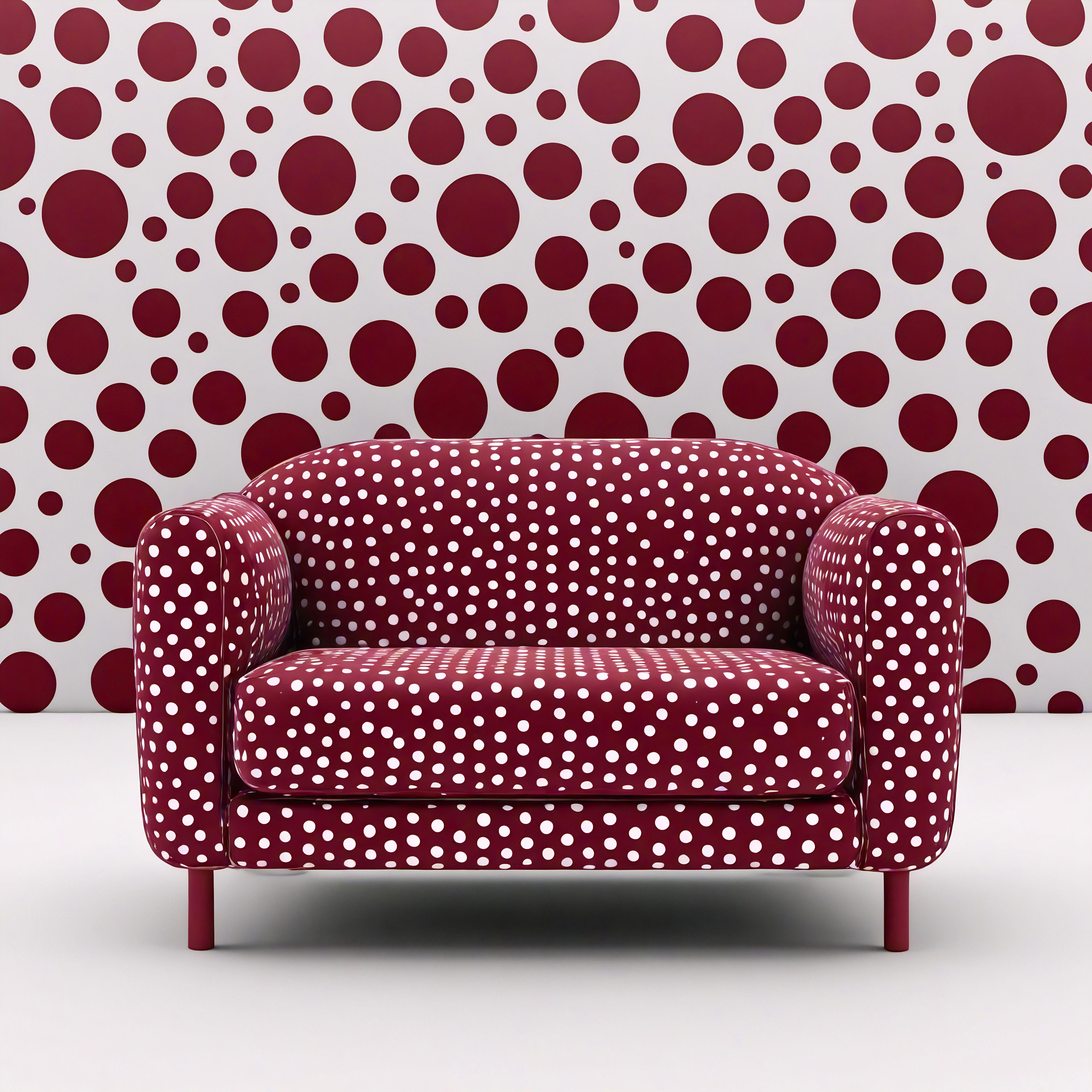 Introducing our Yayoi Kusama-inspired lounge chair, a unique fusion of contemporary design and traditional craftsmanship. This striking burgundy chair is adorned with playful white polka dots, capturing the essence of Kusama's iconic style. With