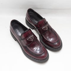 Burgundy Prada Patent Logo Loafers Size 40.5