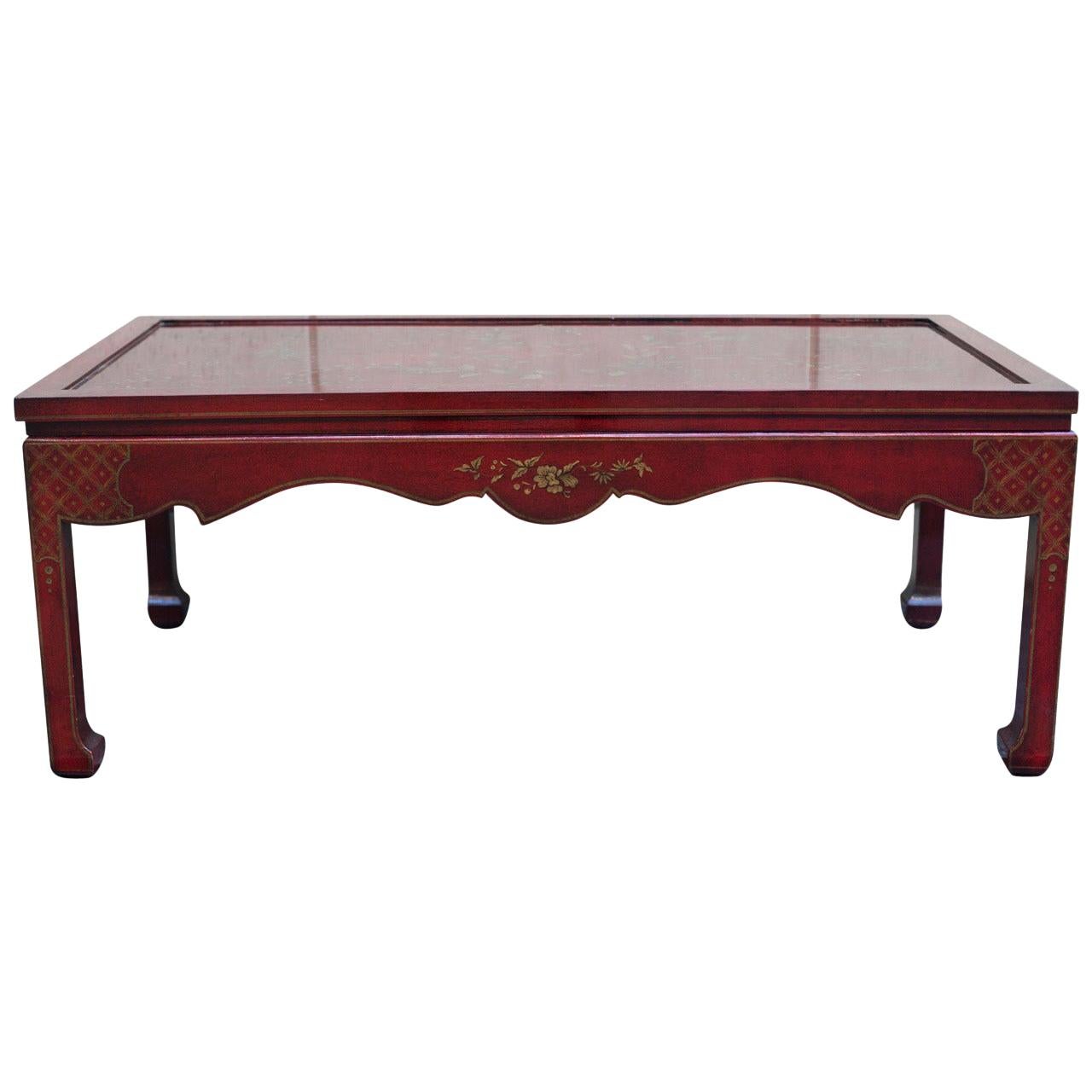 Hand Decorated Coffee Table in Dark Red with a Gilt Floral Chinoiserie Design