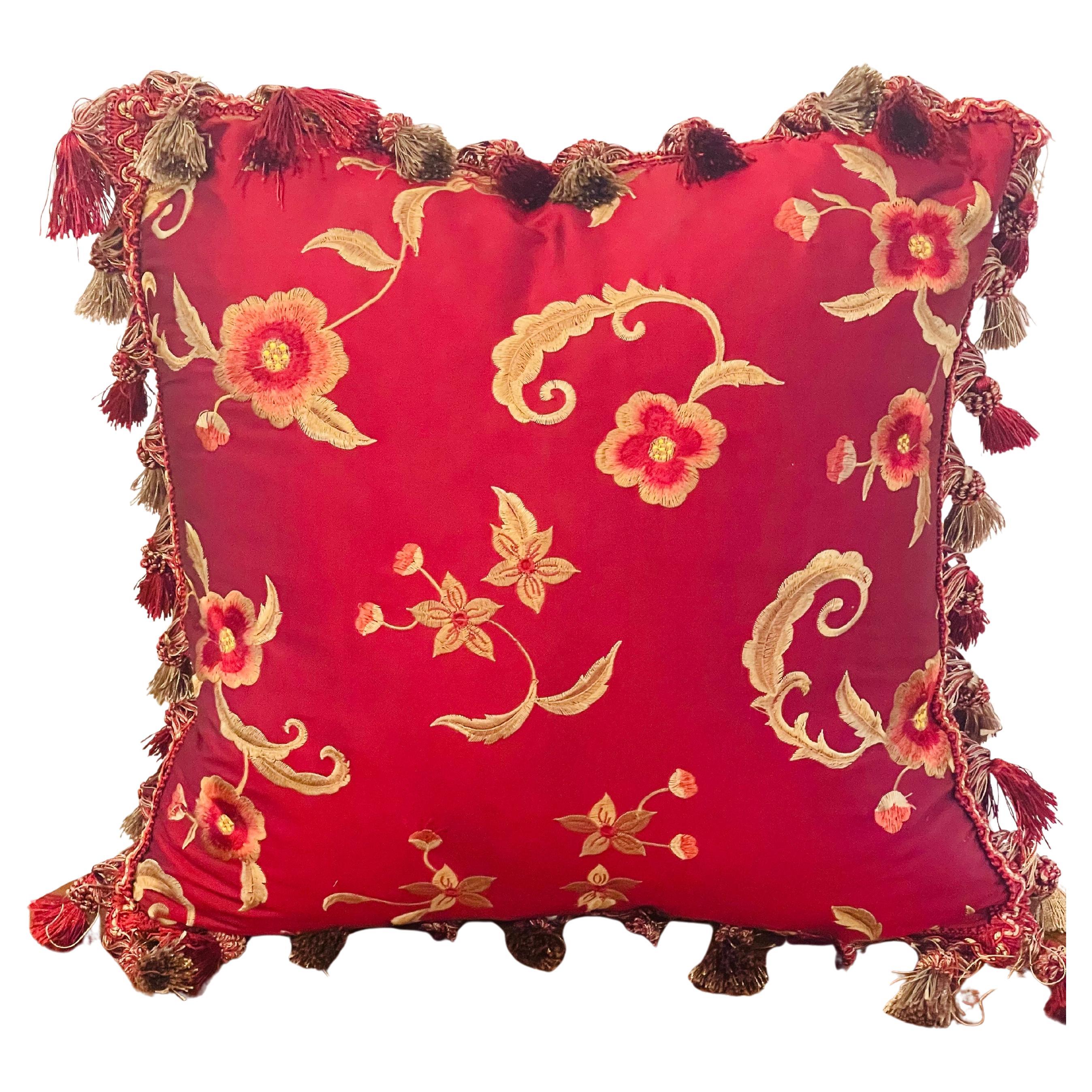 Burgundy Red Embroidered Silk Pillow Feather Down Insert For Sale