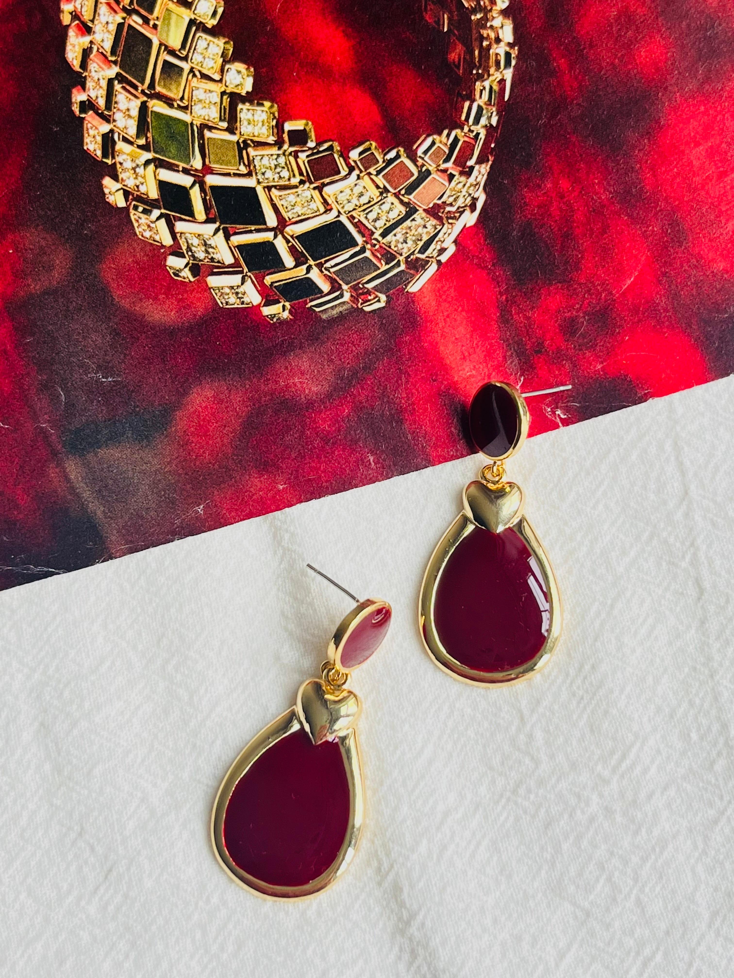 Art Deco Burgundy Red Enamel Heart Love Elegant Modernist Water Drop Pierced Earrings For Sale