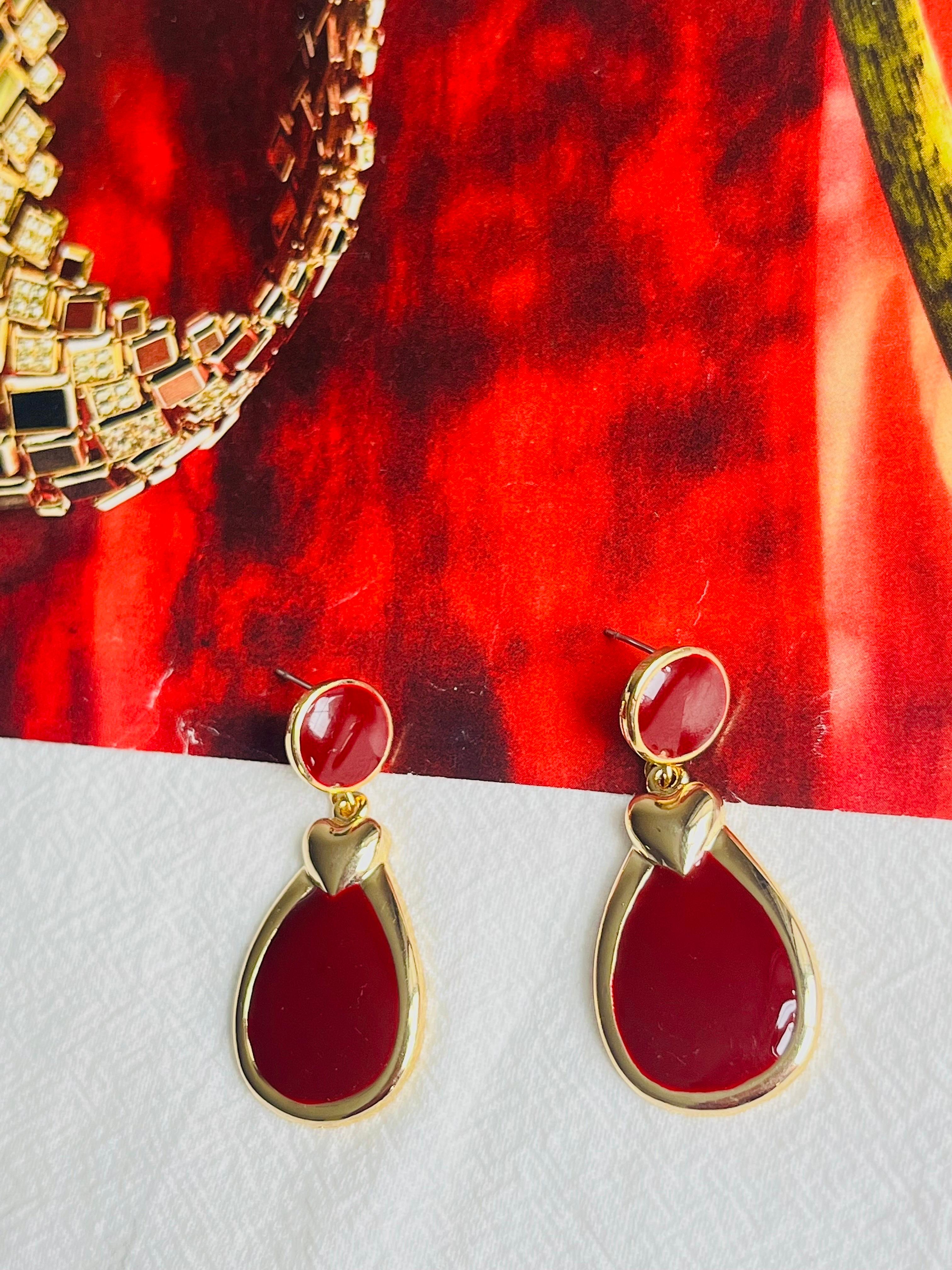 Burgundy Red Enamel Heart Love Elegant Modernist Water Drop Pierced Earrings In New Condition For Sale In Wokingham, England