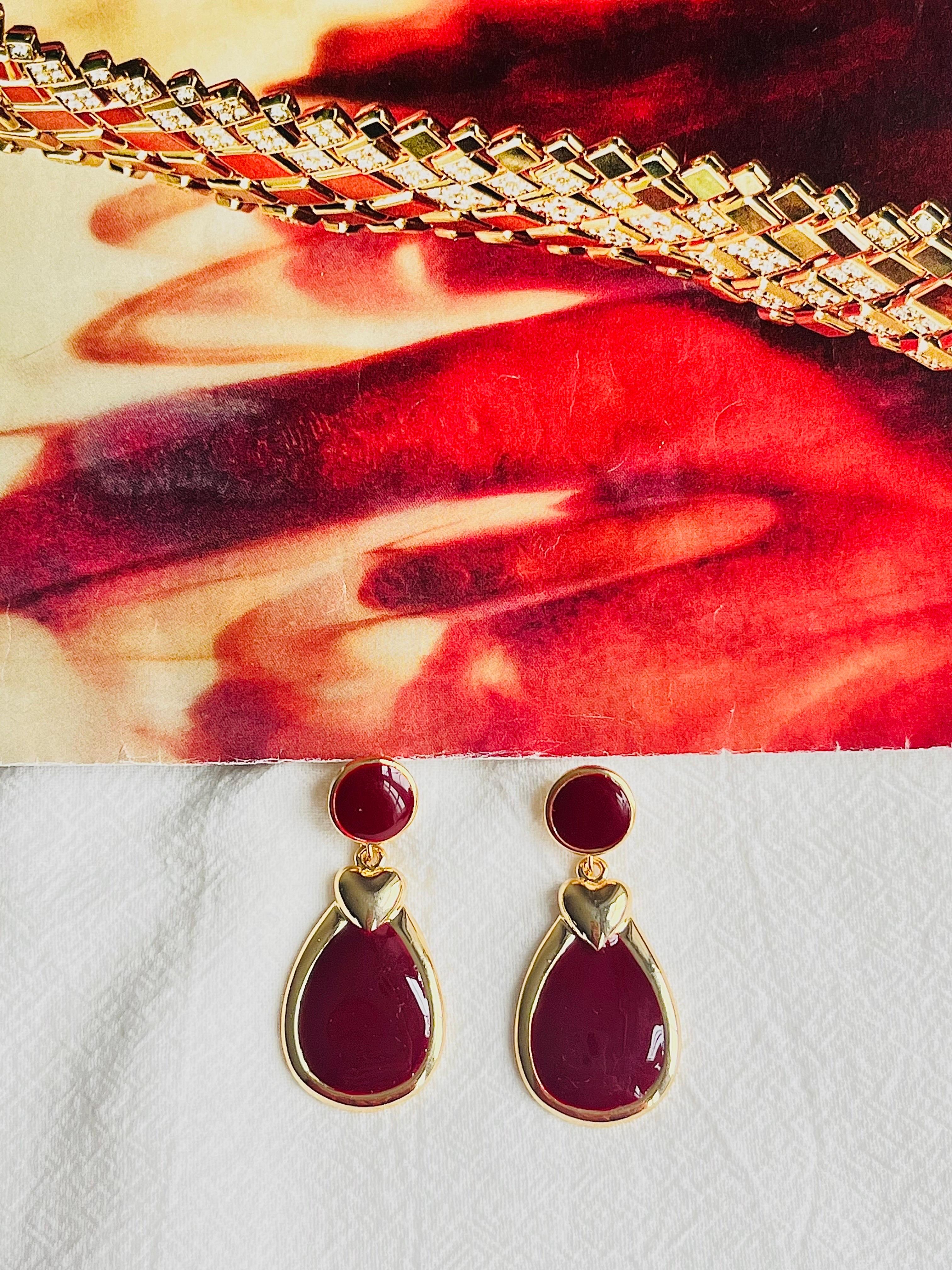 Burgundy Red Enamel Heart Love Elegant Modernist Water Drop Pierced Earrings For Sale 1