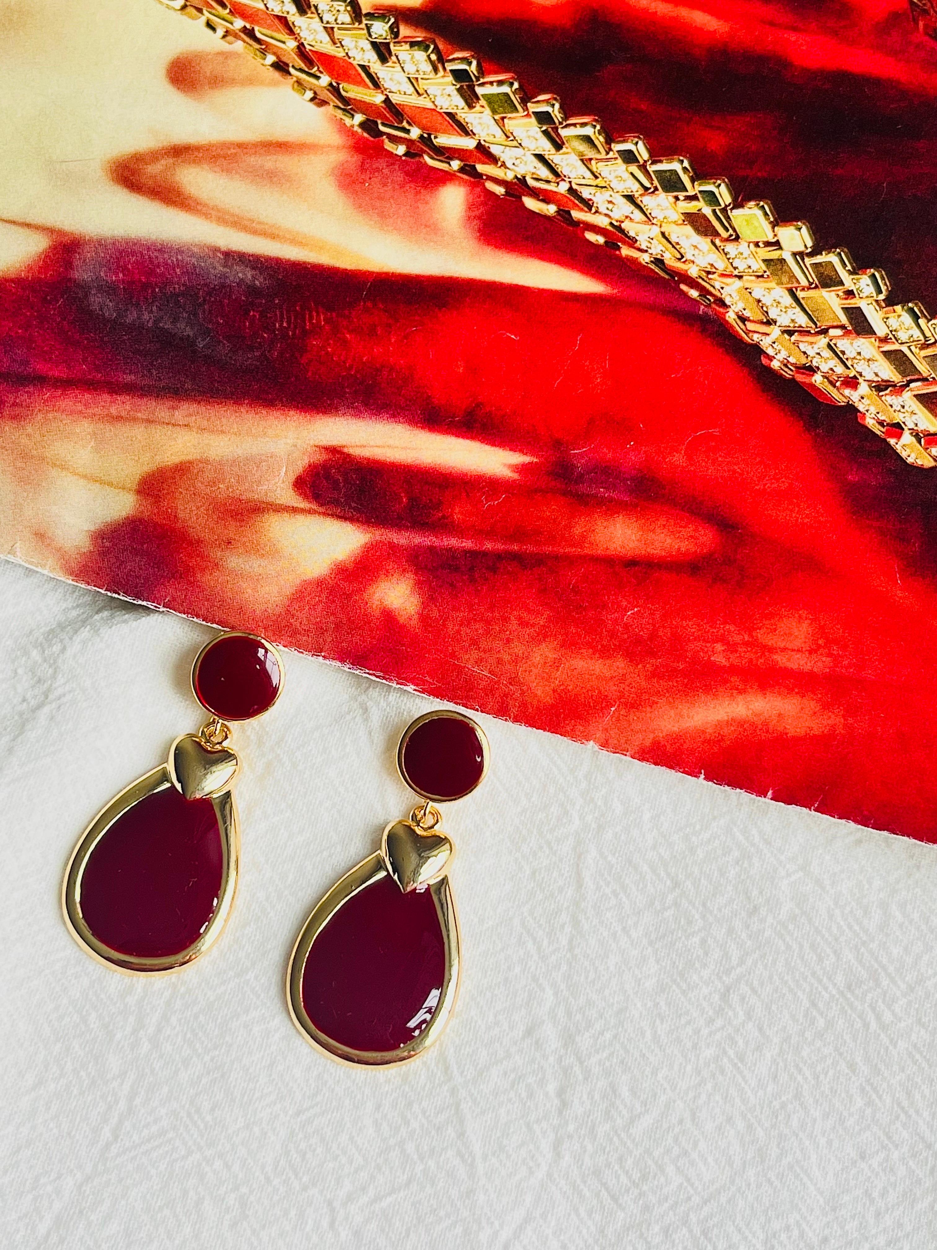 Burgundy Red Enamel Heart Love Elegant Modernist Water Drop Pierced Earrings For Sale 2
