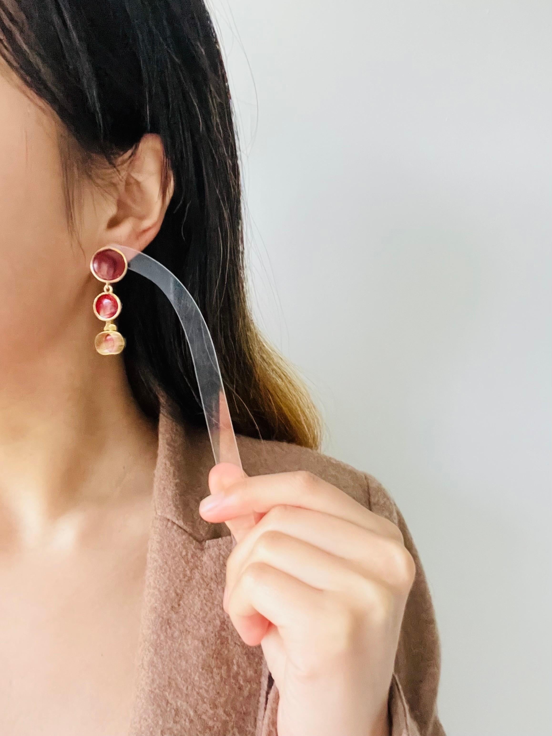 Burgundy Red Enamel Trio Round Circle Button Tassel Long Drop Pierced Earrings For Sale 5