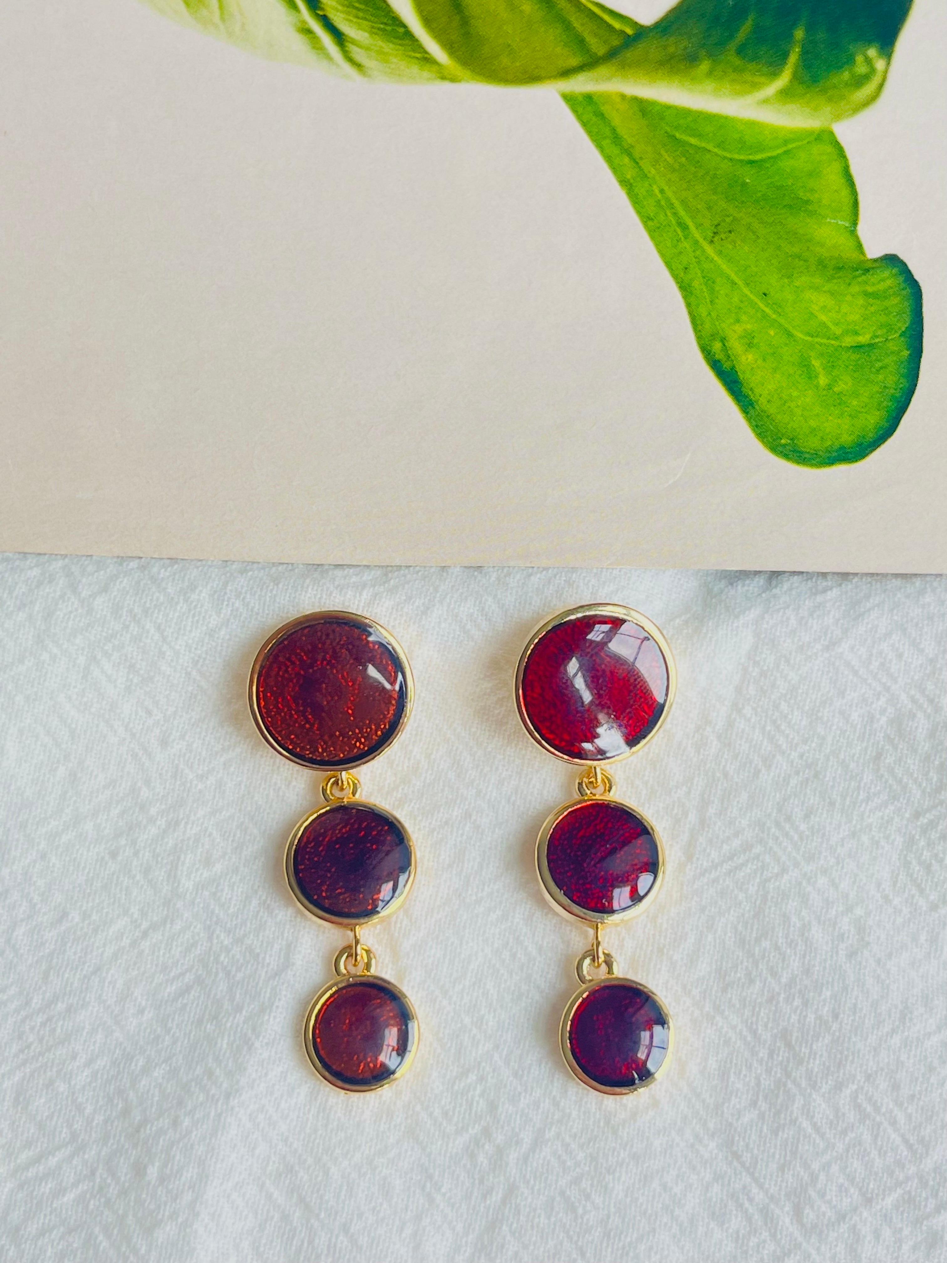 Art Deco Burgundy Red Enamel Trio Round Circle Button Tassel Long Drop Pierced Earrings For Sale