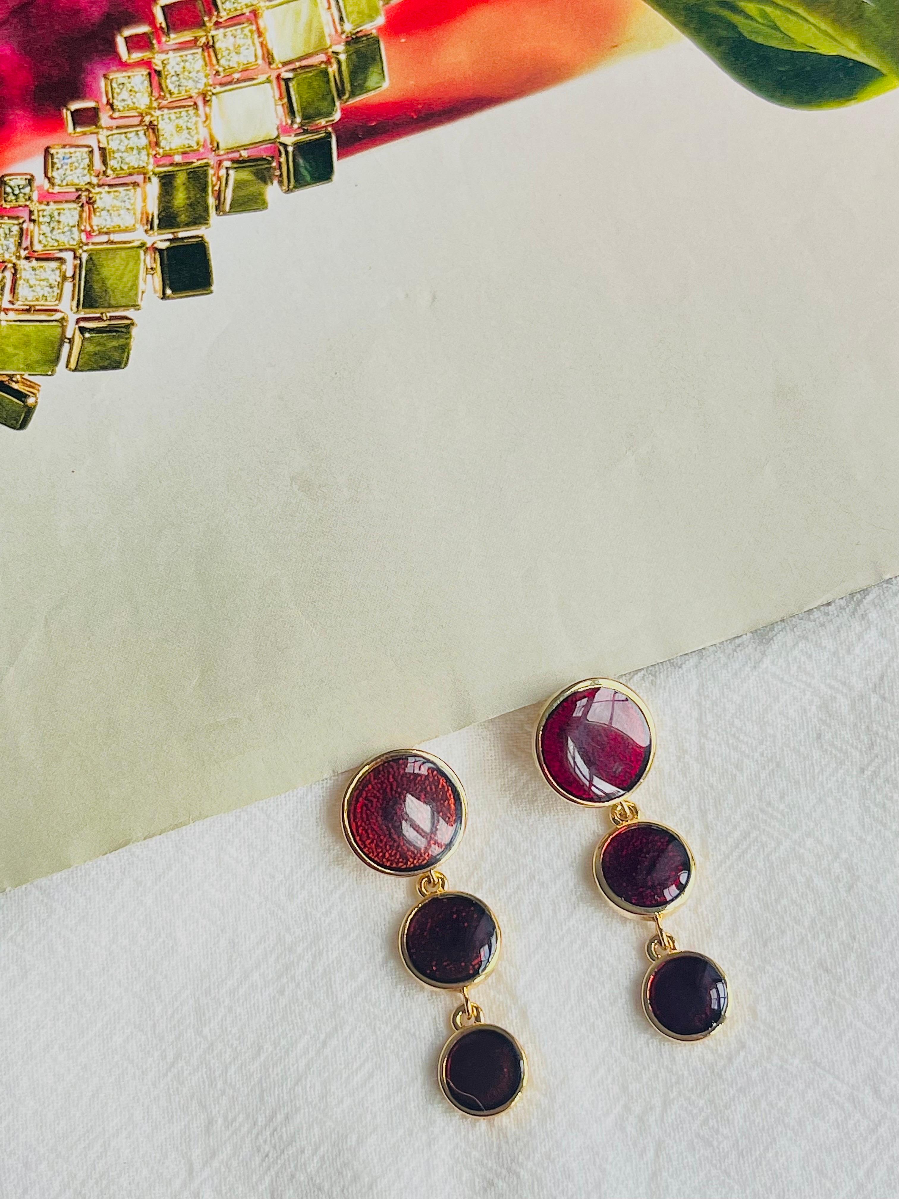 Women's or Men's Burgundy Red Enamel Trio Round Circle Button Tassel Long Drop Pierced Earrings For Sale