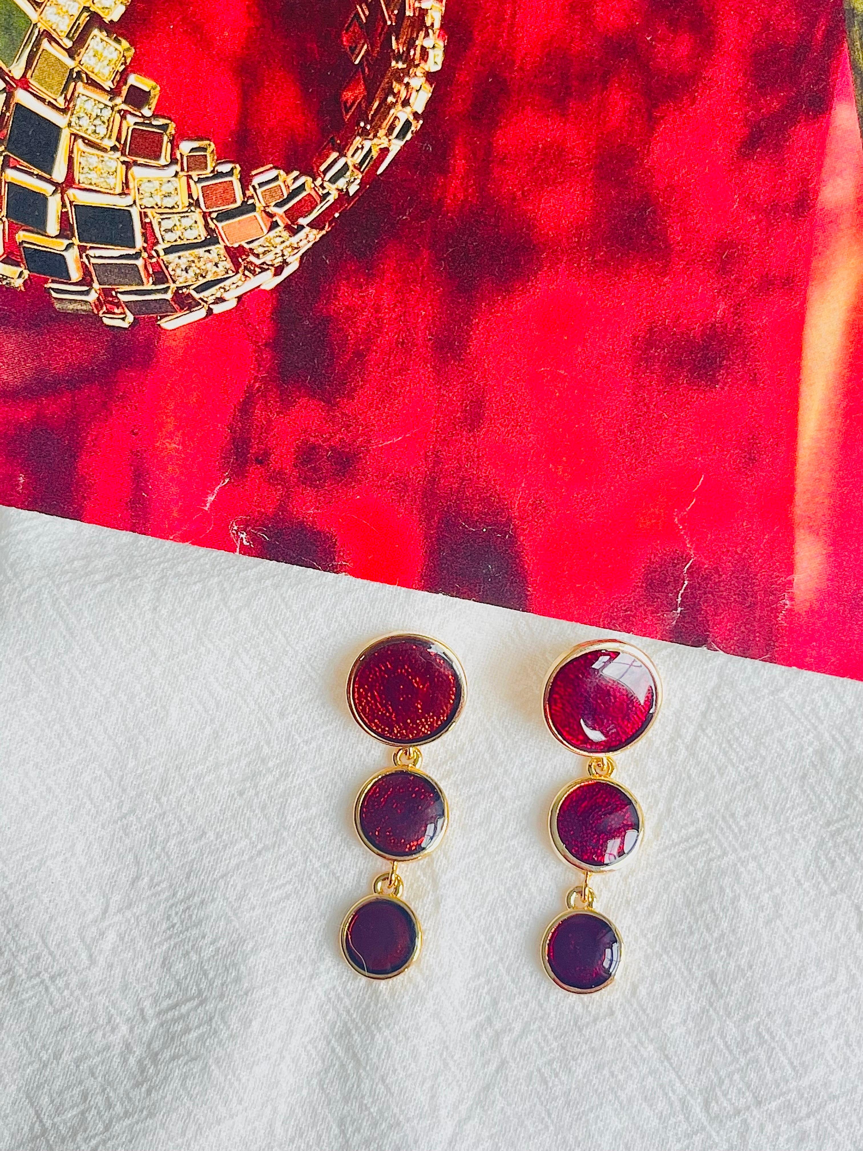 Burgundy Red Enamel Trio Round Circle Button Tassel Long Drop Pierced Earrings For Sale 1