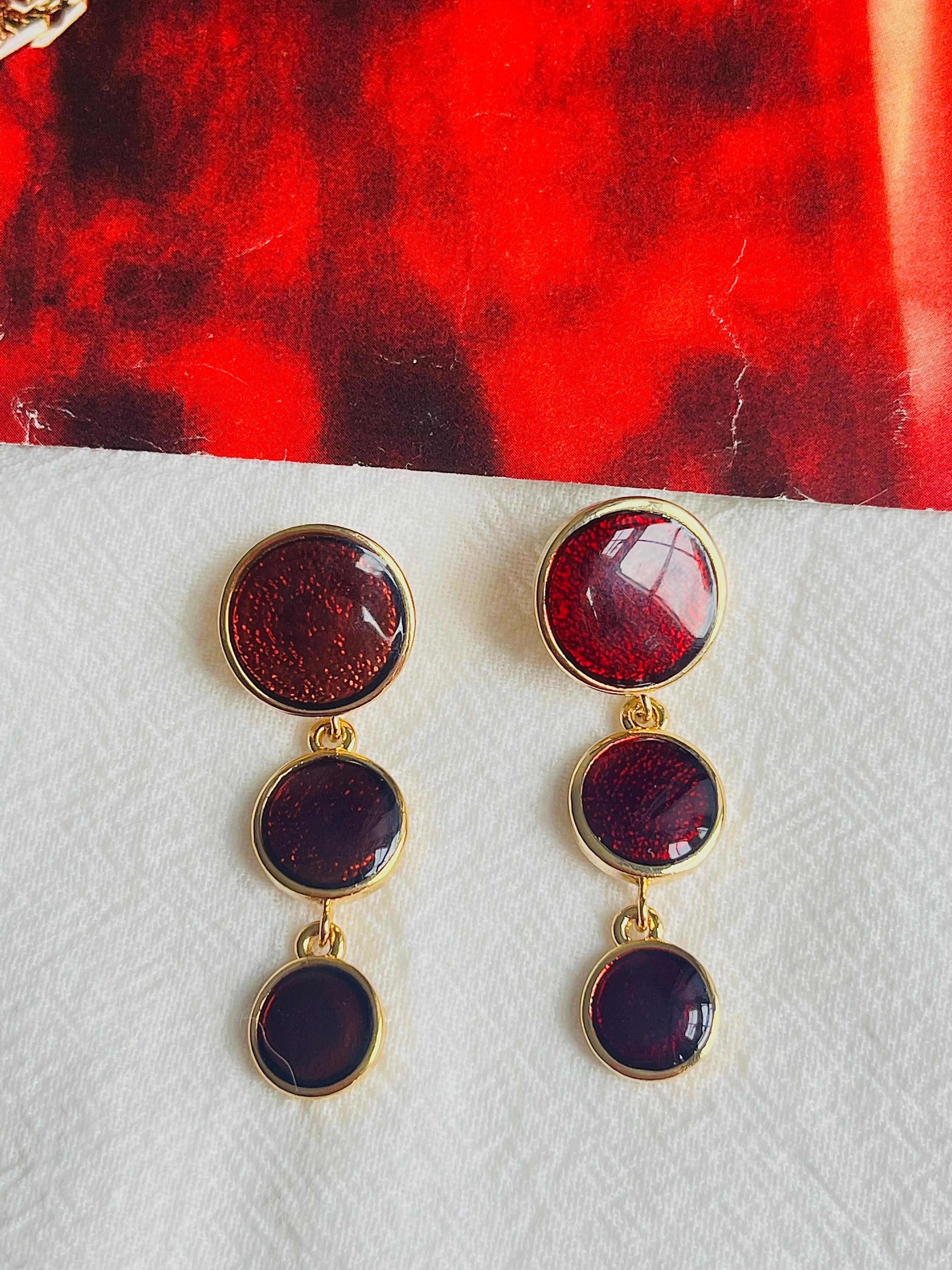 Burgundy Red Enamel Trio Round Circle Button Tassel Long Drop Pierced Earrings For Sale 2