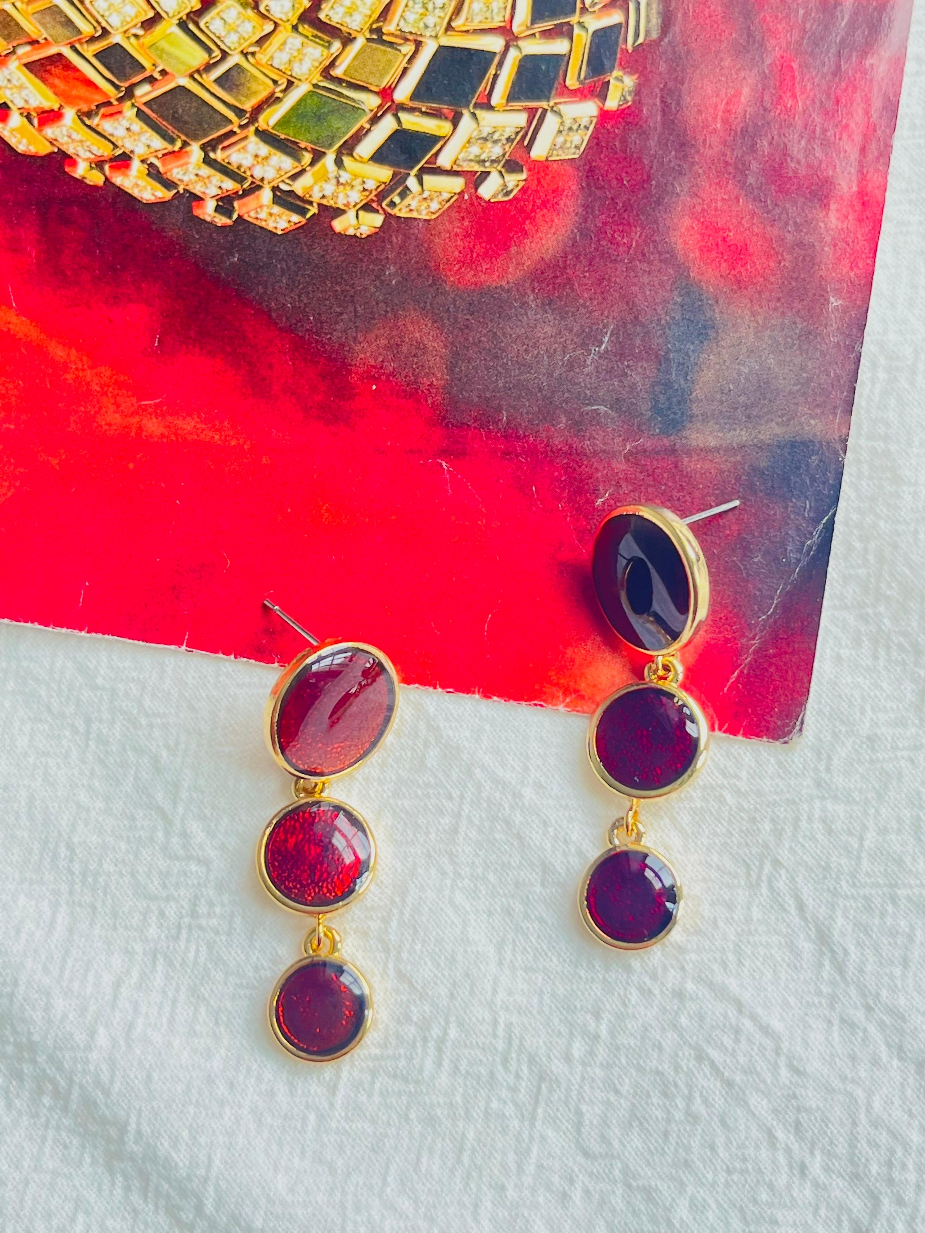 Burgundy Red Enamel Trio Round Circle Button Tassel Long Drop Pierced Earrings For Sale 2