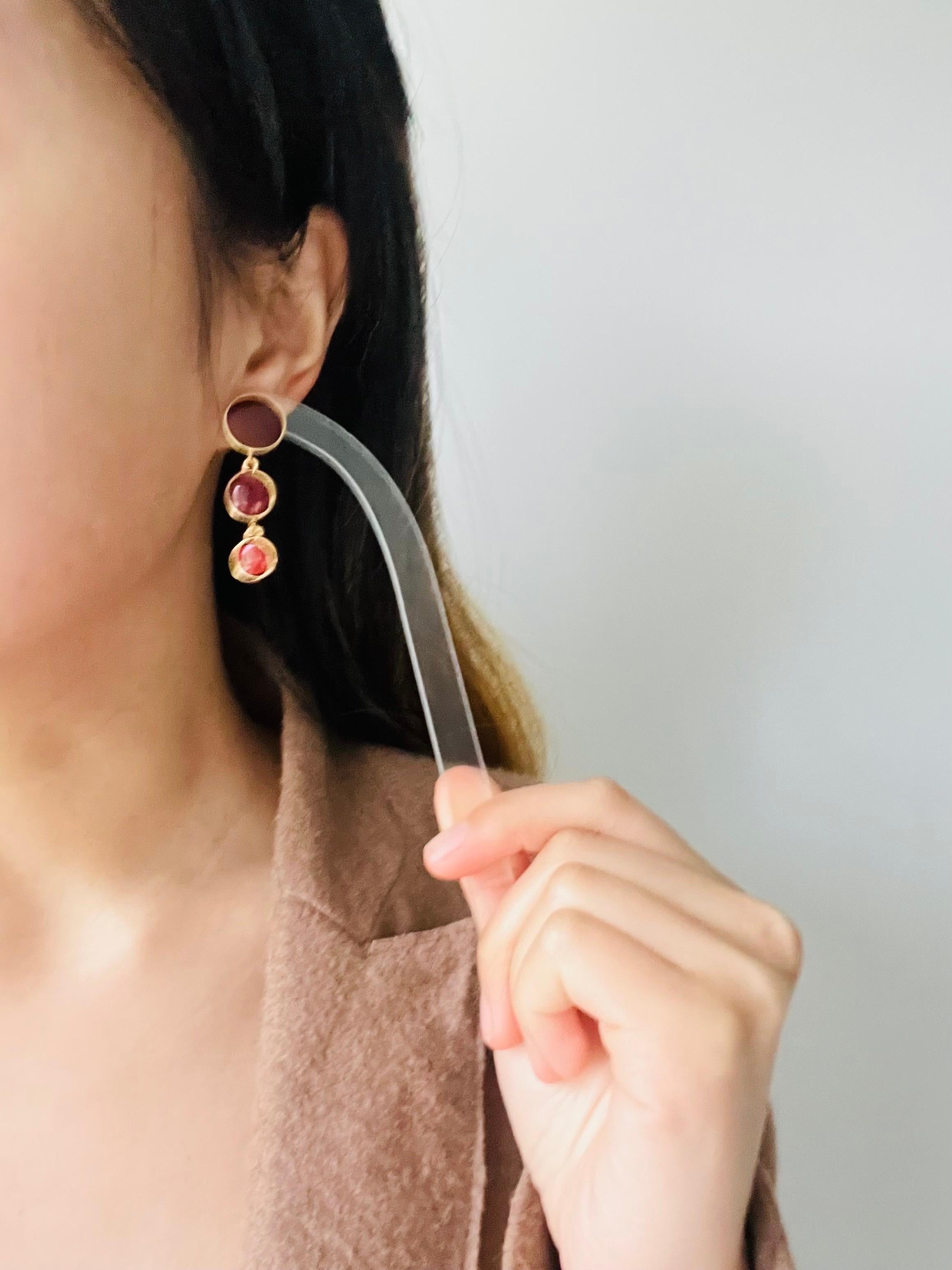 Burgundy Red Enamel Trio Round Circle Button Tassel Long Drop Pierced Earrings For Sale 4