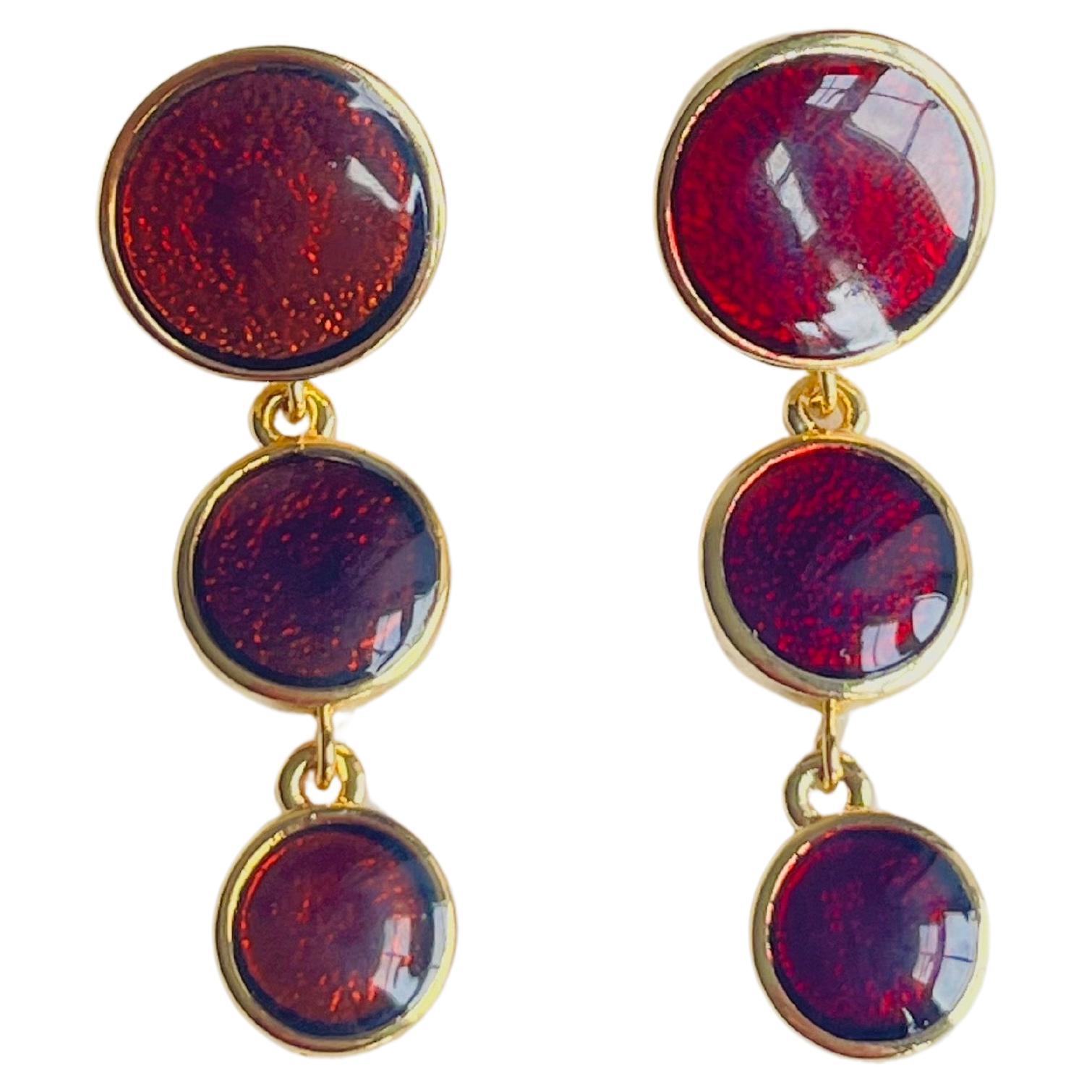 Burgundy Red Enamel Trio Round Circle Button Tassel Long Drop Pierced Earrings For Sale