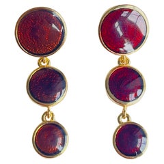 Burgundy Red Enamel Trio Round Circle Button Tassel Long Drop Pierced Earrings