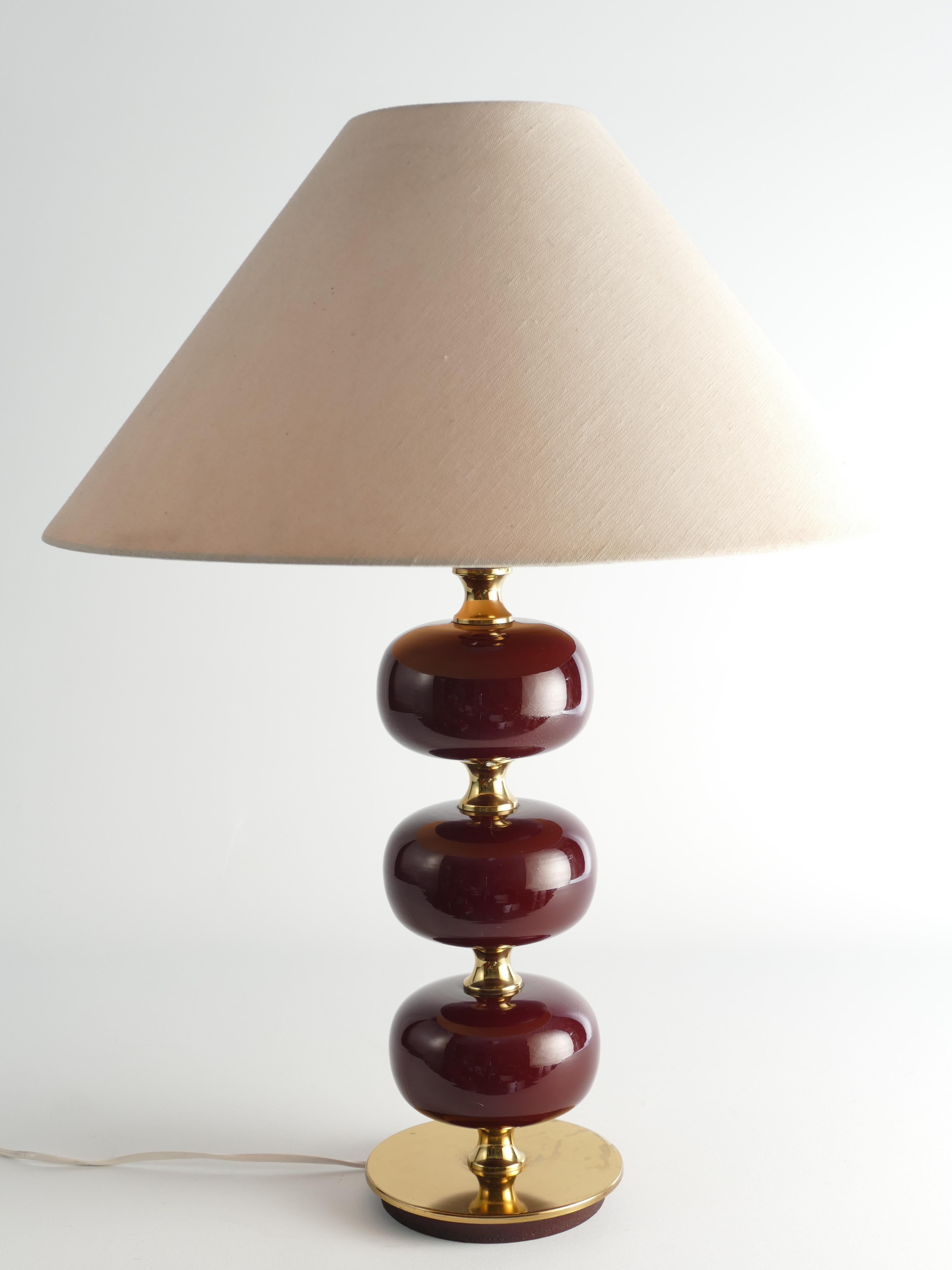 Burgundy Red Glass and Brass Table Lamp Tranås Stilarmatur, 1960s 3