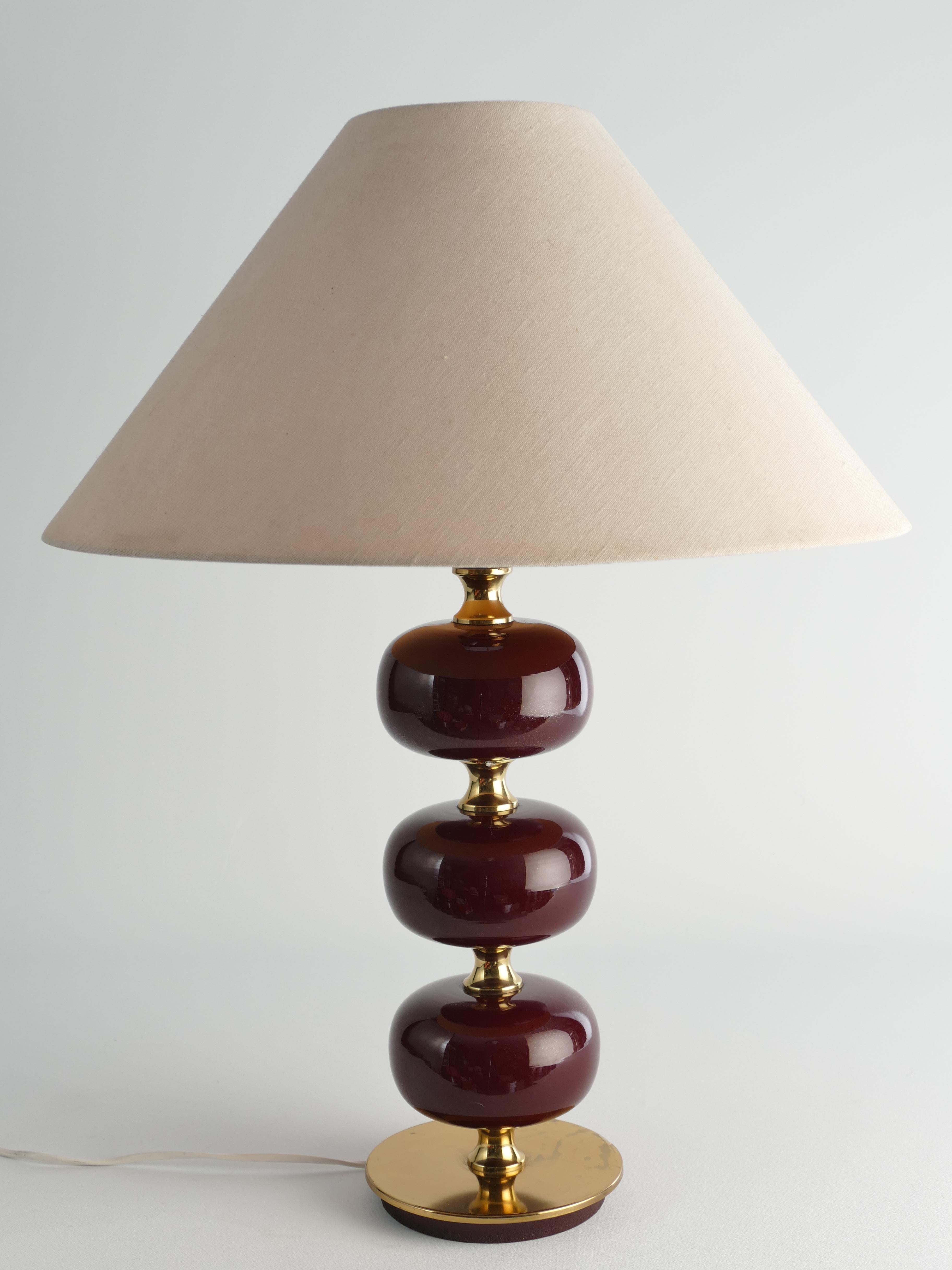 Burgundy Red Glass and Brass Table Lamp Tranås Stilarmatur, 1960s 4